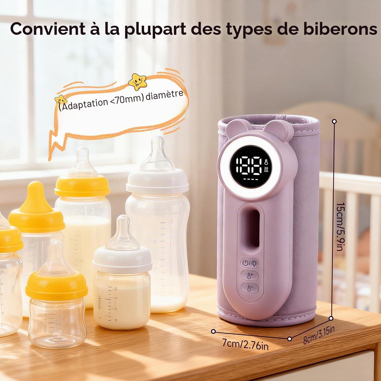 Chauffe Biberon Nomade, Chauffe-biberon Sans Fil USB, Écran LED Visibilité Nocturne, 8 Niveaux de Température 38-50°C, Chauffe-biberon Électrique 8000mAh, 24 Heures d'isolation pour Voiture et Voyage