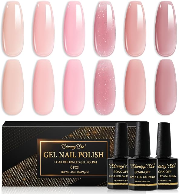 Shining She Gel Nail Polish, 6 Color Nude Pink Jelly Nail Polish Kit Transparent Nail Polish Soak-Off UV/LED Nail Polish Gel Gift for Nail Art Salon DIY Home, 8ML