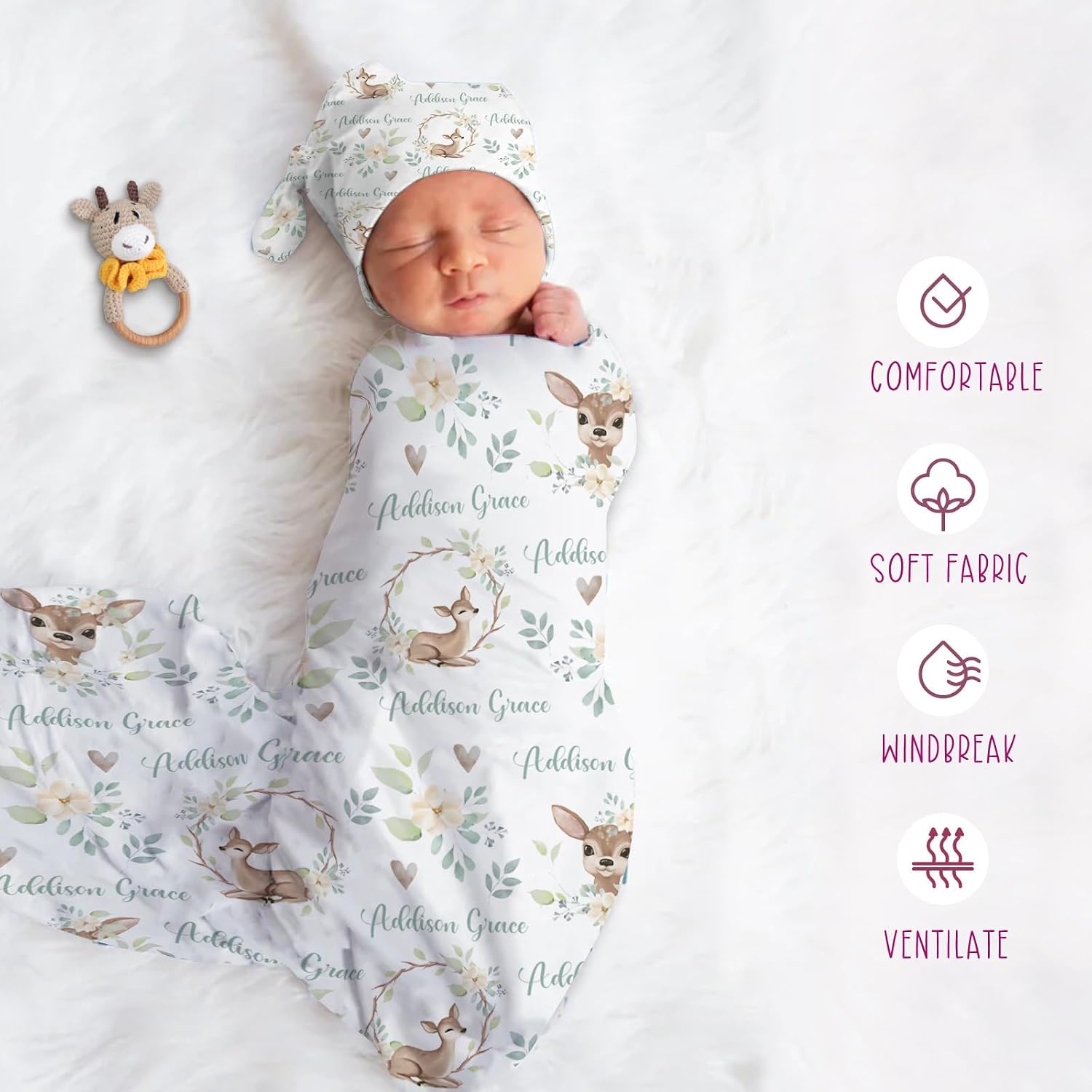 Custom Baby Swaddle Set - Muslin Swaddle Blanket Hat Headband for Infant Baby Girl Boy Personalized Swaddle Blanket Newborn Gift Deer Leaf(Fixed Size)
