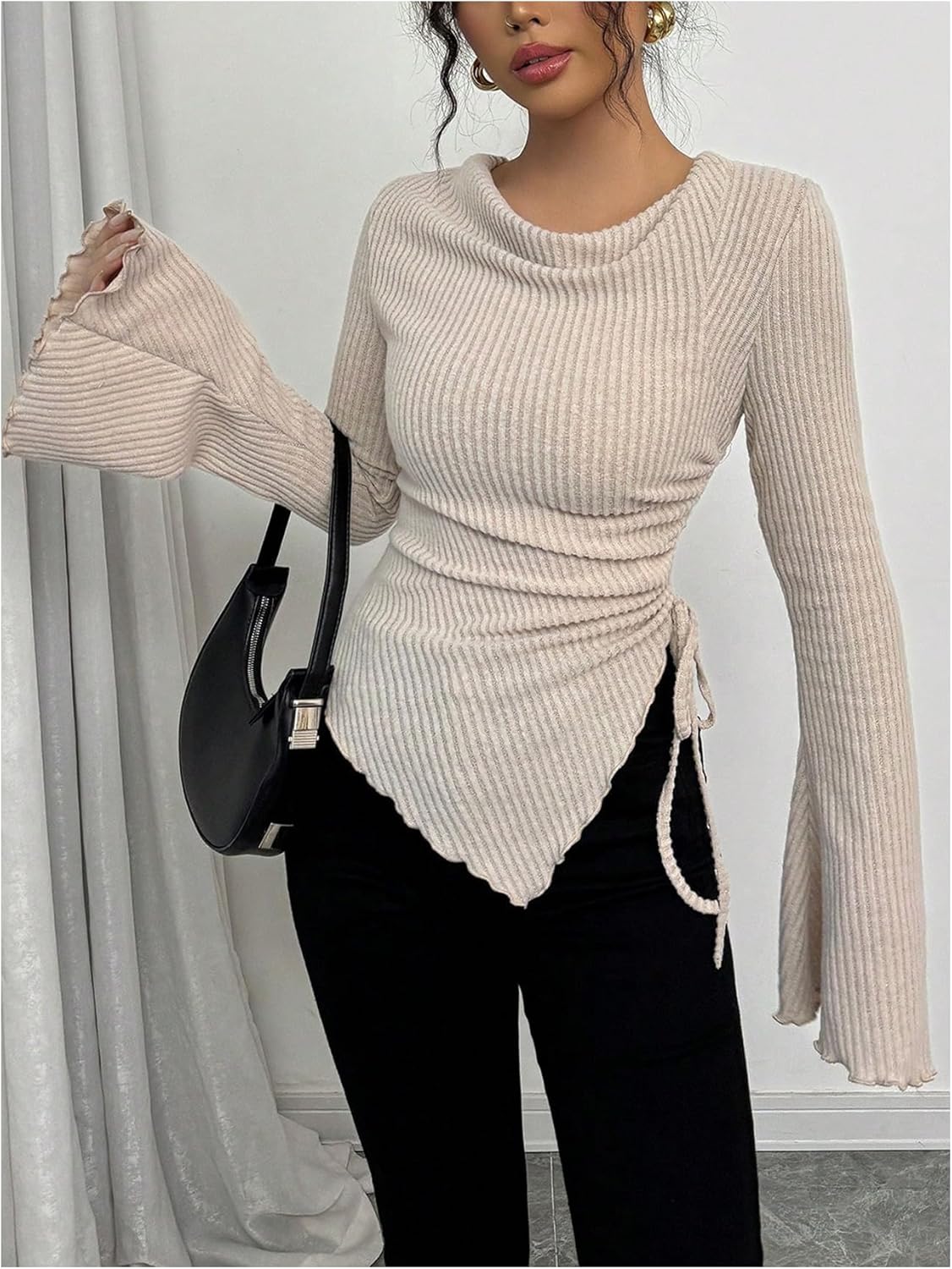 OYOANGLE Women's Ribbed Knit Going Out Y2K T Shirts Bell Sleeve Cowl Neck Fitted Tee Elegant Trendy Asymmetrical Tops - Image 5