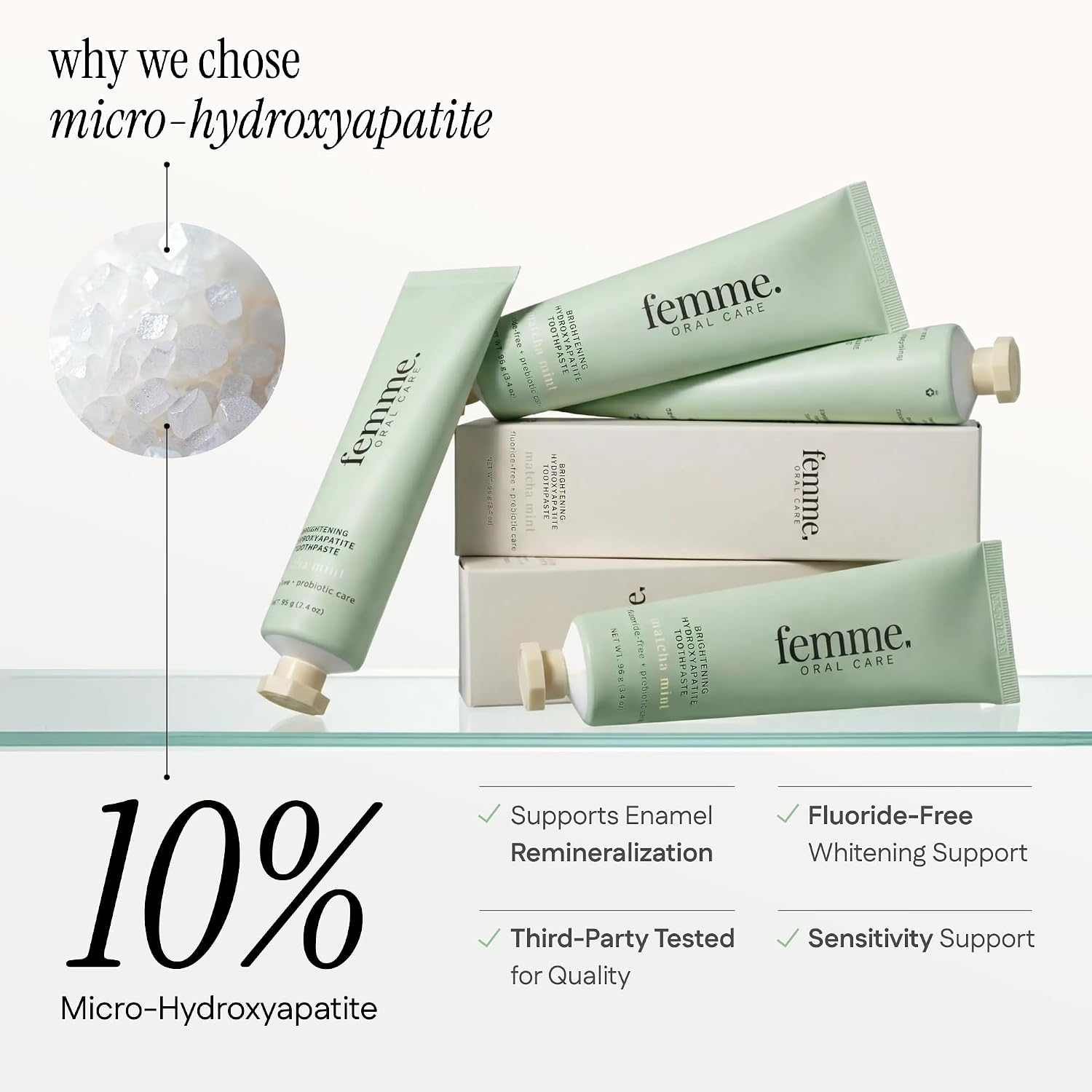 10% Micro Hydroxyapatite Toothpaste, Remineralizing & Whitening, Fluoride-Free, SLS-Free, Matcha Mint, Prebiotic Oral Care, 3.4 oz- FEMME ORAL CARE