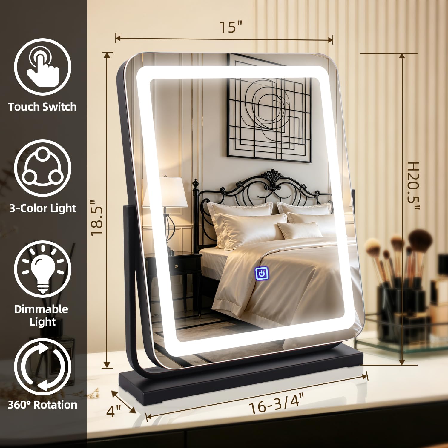 MantoLite Miroir de maquillage éclairé 40 cm pivotant 360° 3 couleurs commande tactile blanc