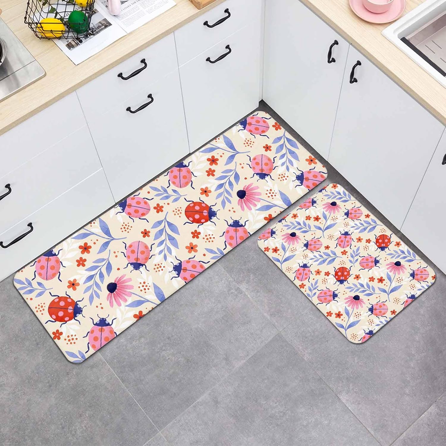 Pink Ladybugs Kitchen Mat Set 2 Pieces Daisy Orange Flowers Purple Leaves Beige Country Non Slip Kitchen Rugs Washable Runner Rug Mats for Sink Laundry (19.7" x 31.5"+19.7" x 63")