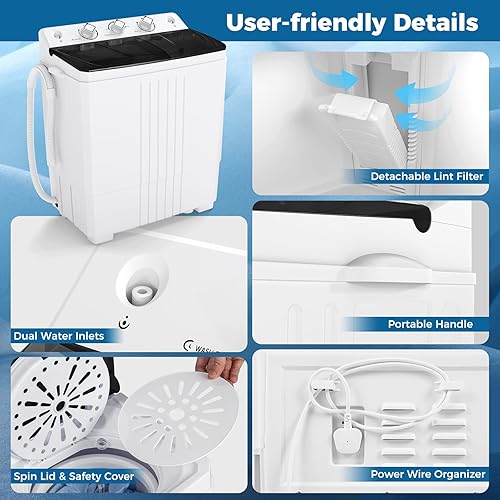 Miniatura 8 de COSTWAY Lavadora portátil, doble tina de 20 libras de capacidad, lavadora de lavandería de 12 libras y giratorio de 8 libras con bomba de drenaje,