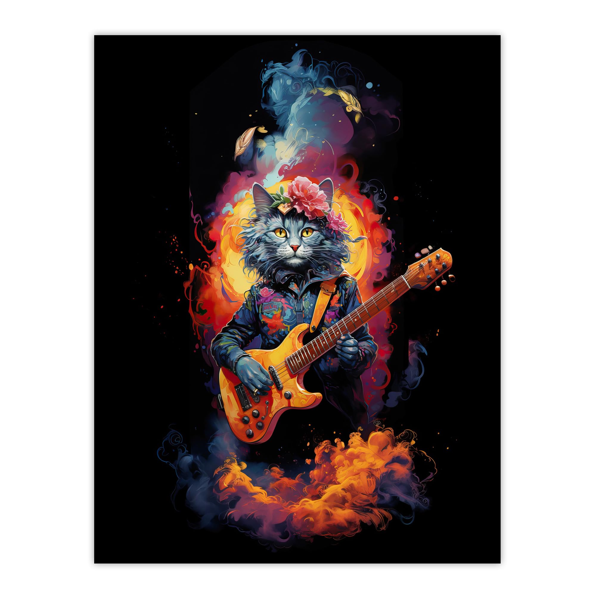 Artery8 Smelly Cat Lover Gift Pet Portrait with Guitar Conceptual Orange Blue Purple Artwork Painting Extra Large XL Wall Art Poster Print