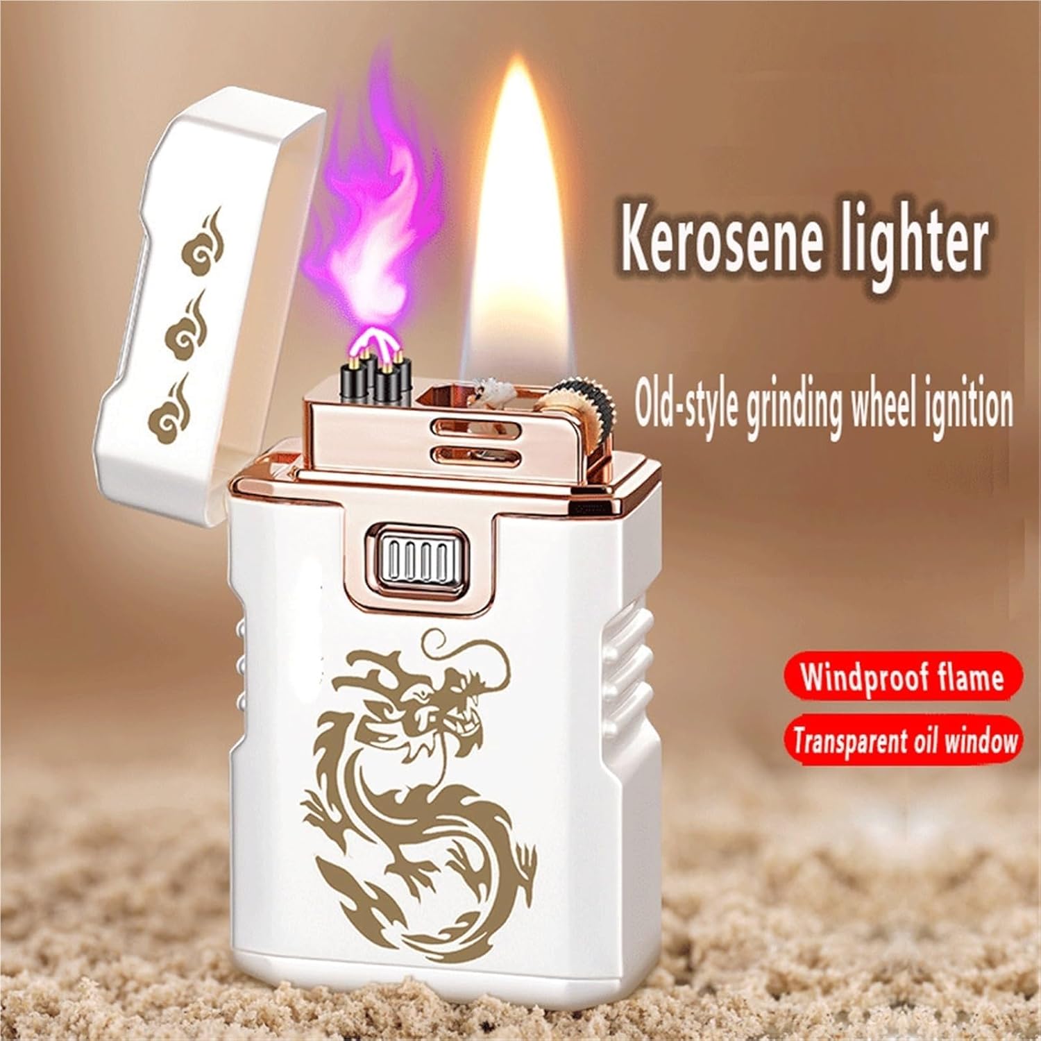 Vintage-Petroleum-Doppelbogenfeuerzeug mit Schleifrad, winddichte Doppelflamme, sichtbares transparentes Ölfenster, tragbares Metallfeuerzeug für Kerzencamping (weiß)(Gray)