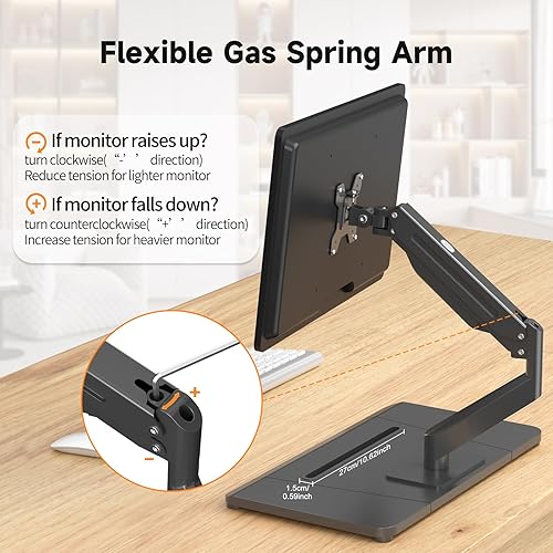 Miniatura 7 de suptek Soporte de brazo de resorte de gas con base para un solo monitor, soporte de escritorio de pie neumático de altura ajustable para monitor de