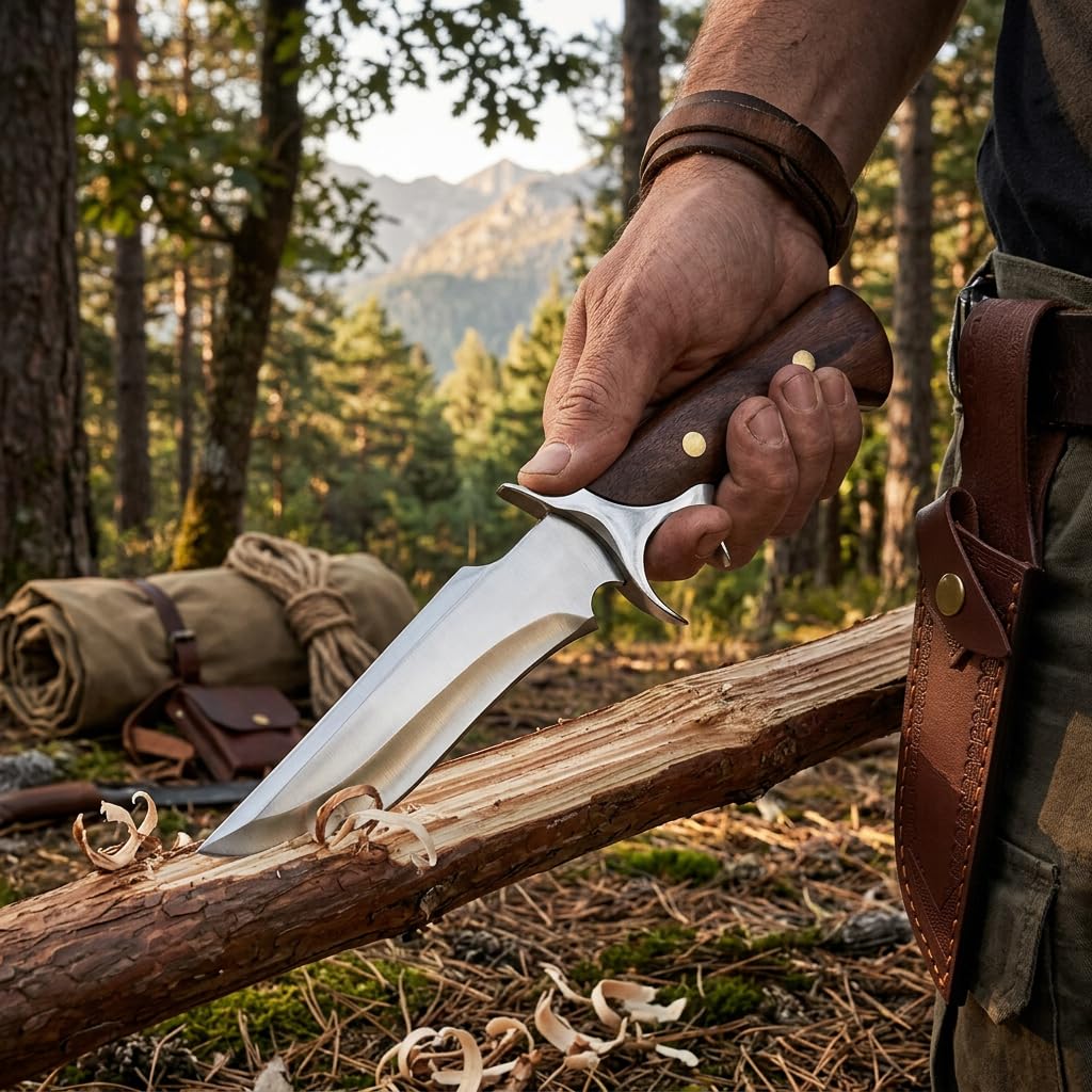 Outdoor Fahrtenmesser Feststehend - Profi Jagdmesser Scharf aus 440C Edelstahl mit Echtholz-Griff & Lederscheide - Full-Tang Survivalmesser für Camping, Bushcraft & Wandern - Geschenk für Männer