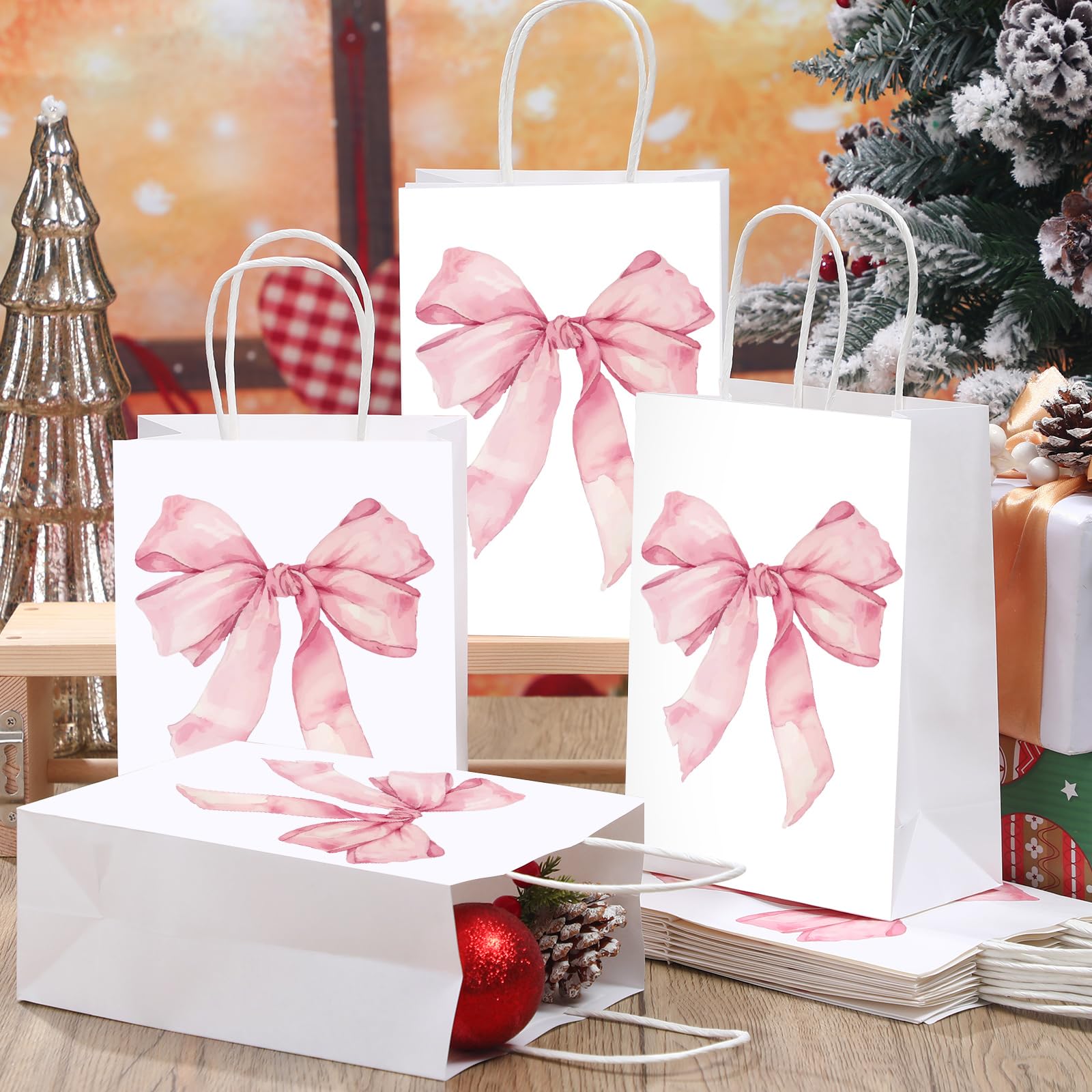 Kolldenn 16 Pcs Coquette Pink Bow Paper Gift Bags Women Mother's Day Birthday Favor Goodie Candy Bags with Handles for Bridal Engagement Baby Shower Party Supplies