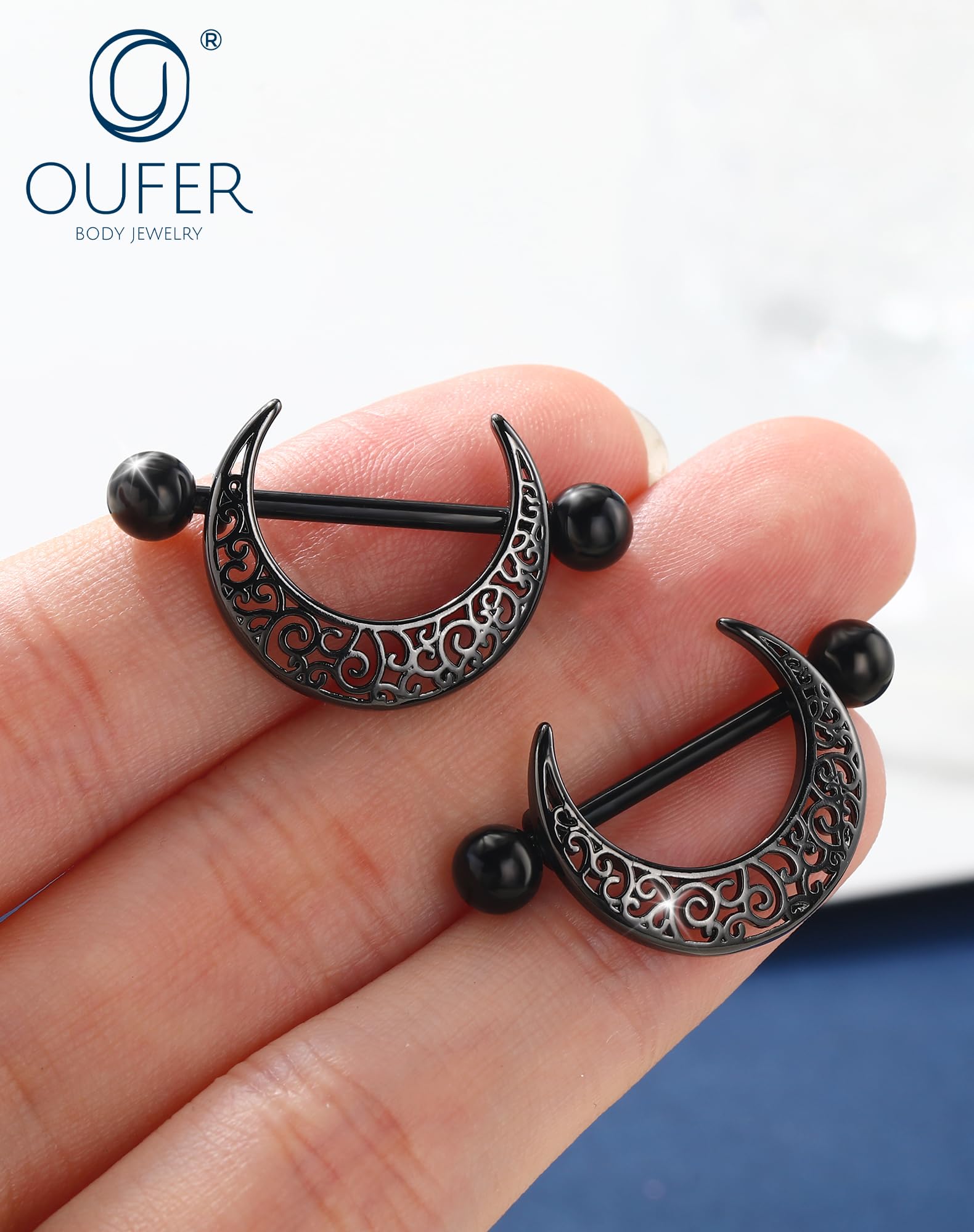 OUFER 2 Pièces Piercing Téton Lune Noire 14G, Anneaux de Mamelon en Acier Chirurgical 316L à Billes Filetées, 14 mm Bijou de Piercing pour Femmes Élégantes - 3