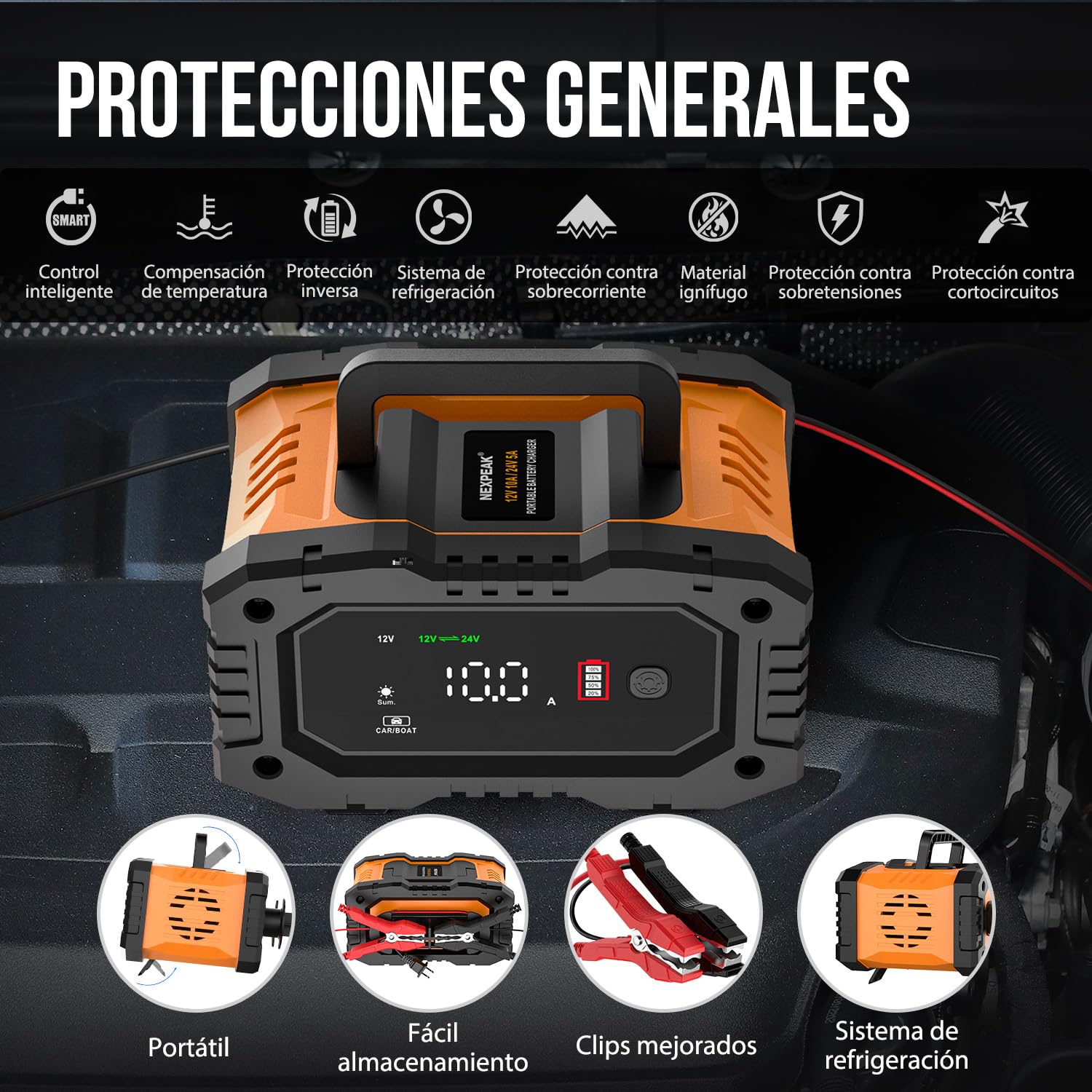 Cargador de batería Inteligente 10A, Cargadores de batería de Coche LiFePO4 12V 24V, mantenedor de batería automático con compensación Temperatura para Coche Motocicleta camión, AGM, Gel, húmedo, SLA