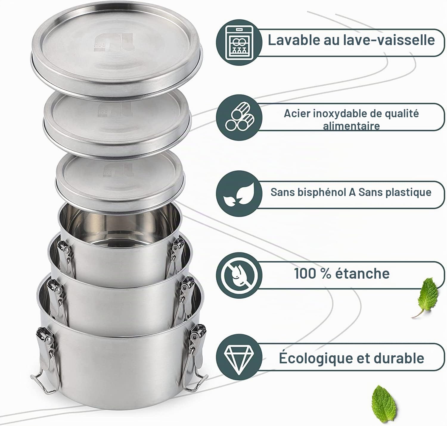 nicelock Lot de 3 boîtes de conservation hermétiques Récipients Alimentaires en Acier Inoxydable avec Couvercles Hermétiques Boîtes 450ml + 750ml + 1200ml