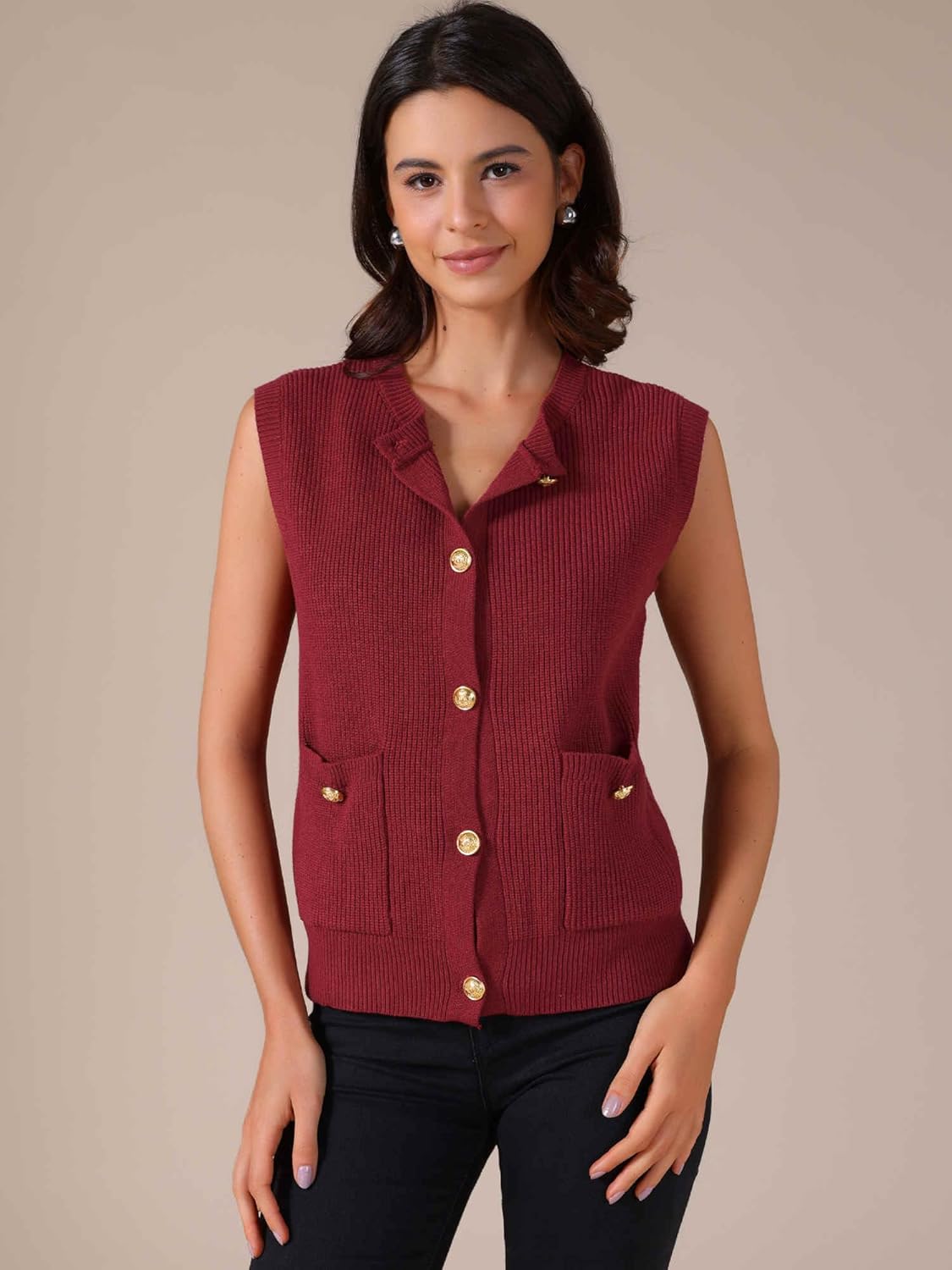 Allegra K Women Sweater Vest 2025 Button Down Sleeveless Tank Tops Pockets Casual Knit Sweaters Cardigan - Image 2