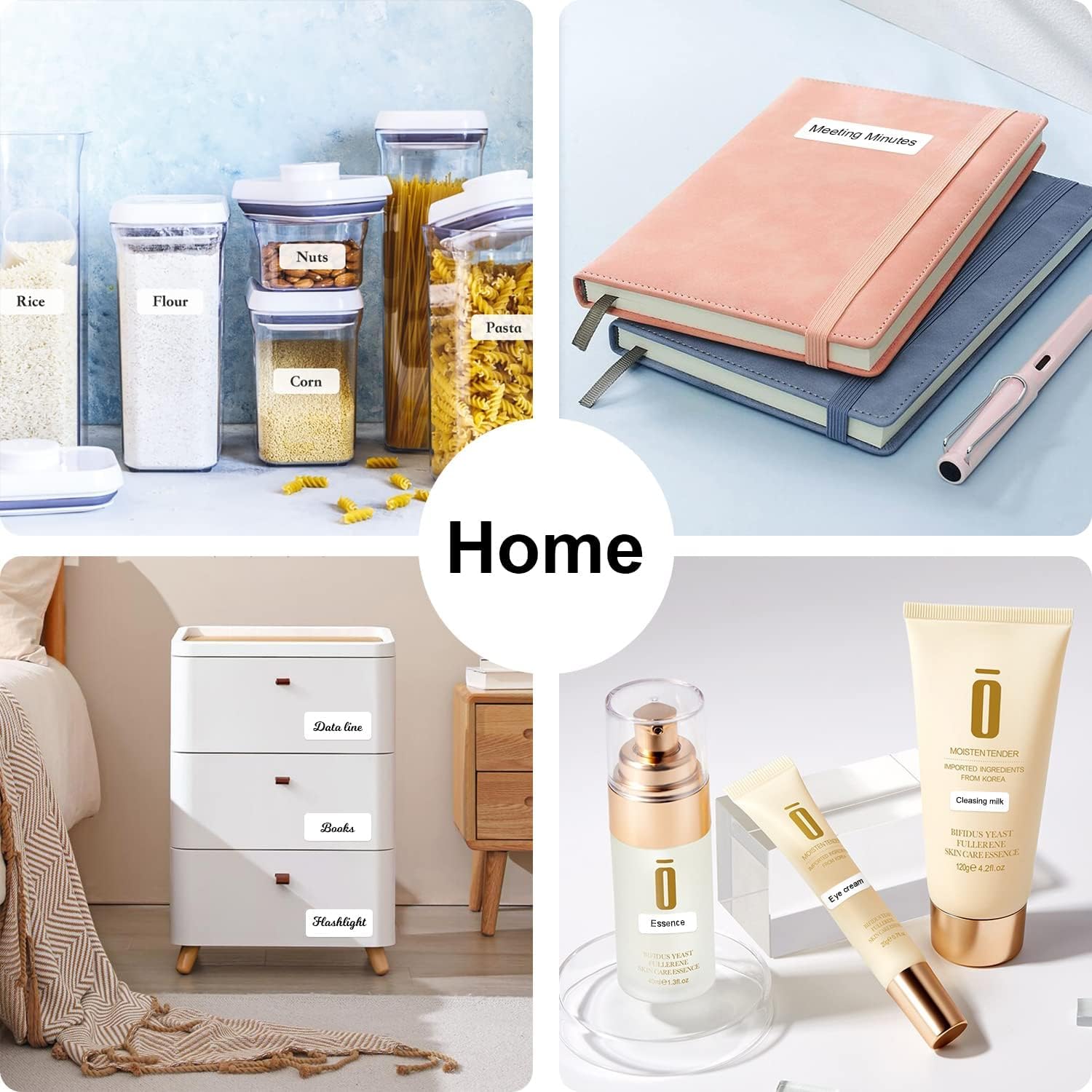 Collage of labels used in a home setting, including on food storage containers, notebooks, and drawers
