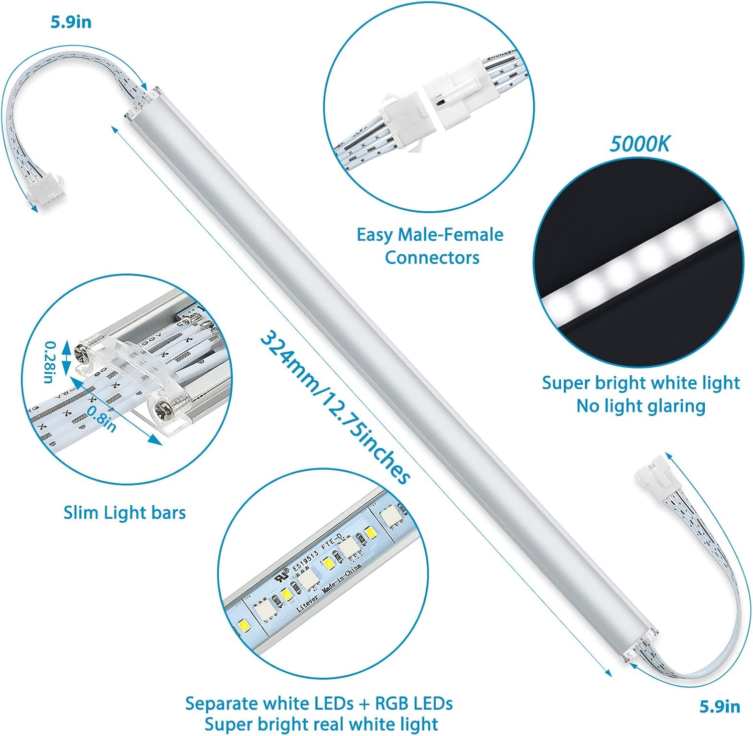 Litever RGB+Daylight 5000K 6-Light-Bar Under Cabinet Light Kits Extra Adapter Extra Controller