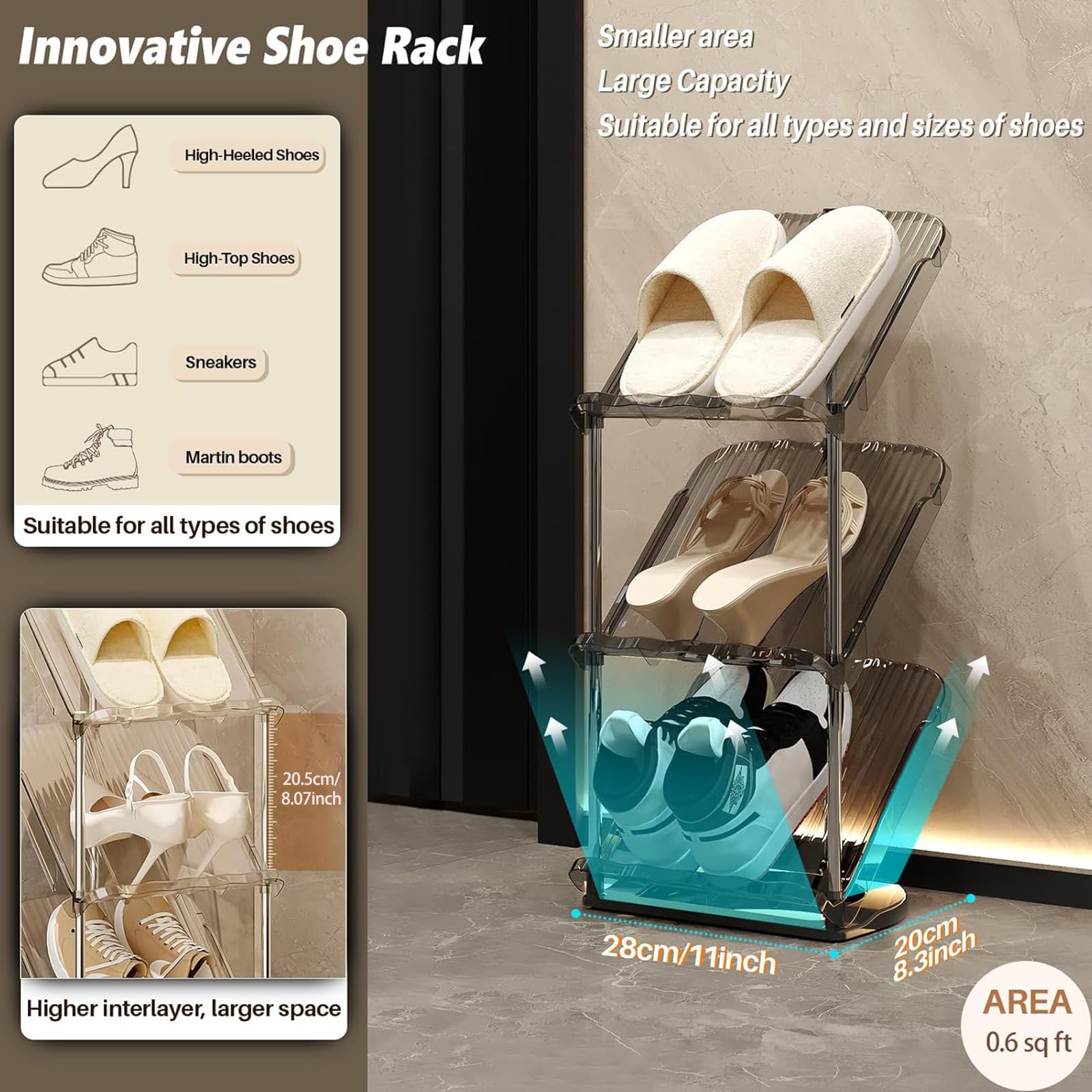 TopHomr - Scarpiera stretta a 5 ripiani, salvaspazio, sottile, alta e stretta, organizer per scarpe e corridoio, per scarpe e stivali (bianco trasparente)