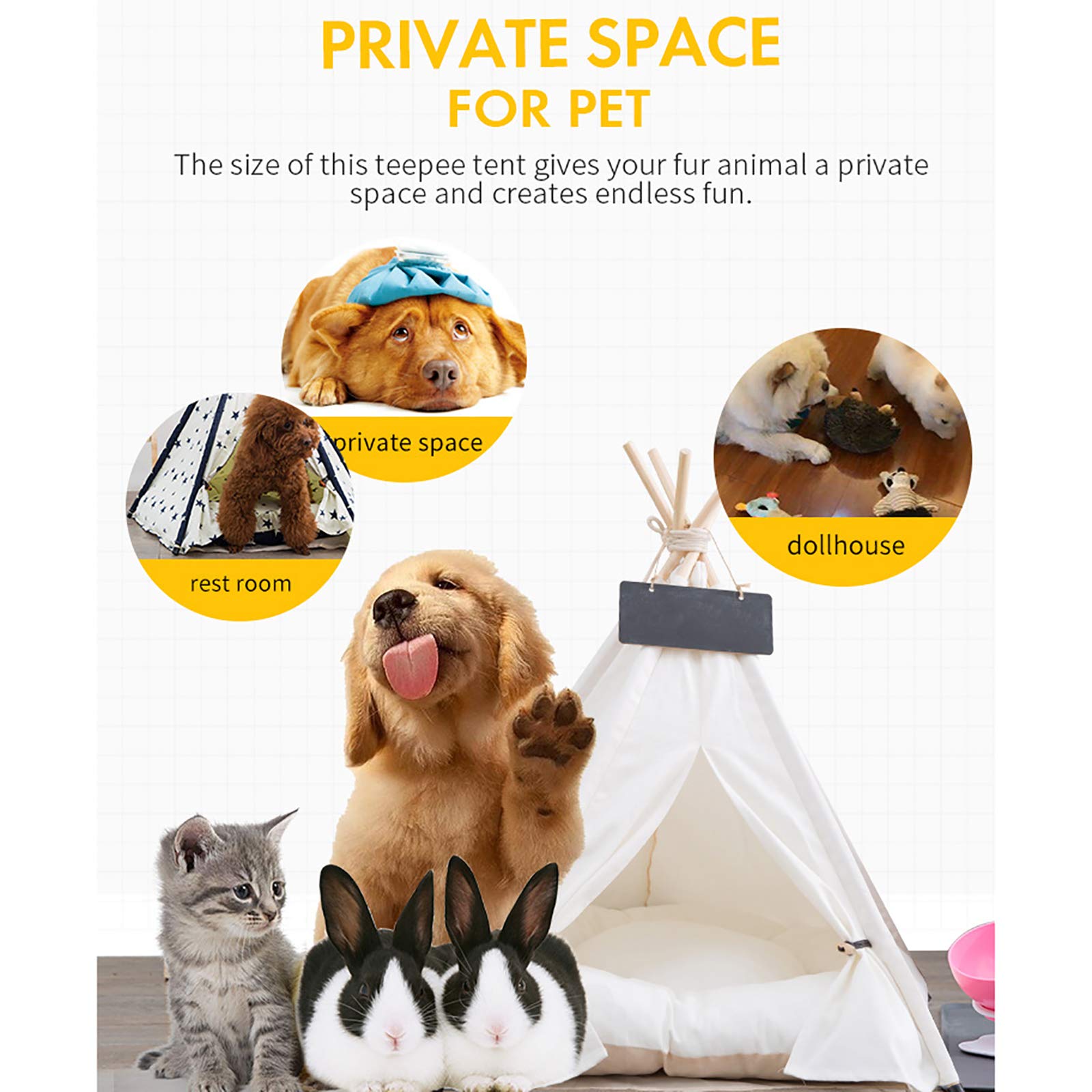 Tipi pour Animaux de Compagnie, Tente pour Chiens avec oreillers Amovibles et Tente tipi Lavable pour Chiens et Chats, lit pour Animaux de Compagnie, tipi pour Chiens,E,60 * 60 * 80CM