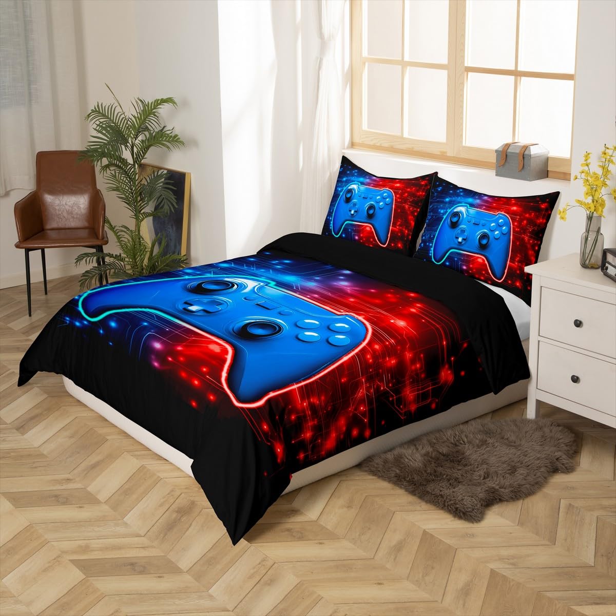 Homemissing Gamer Duvet Cover Set Single Size Blue Gaming Breathable Bedding Set Red GamePad Zippered Duvet Cover with 1 Pillowcase Children Games Controller For Teenager Boy - Image 2