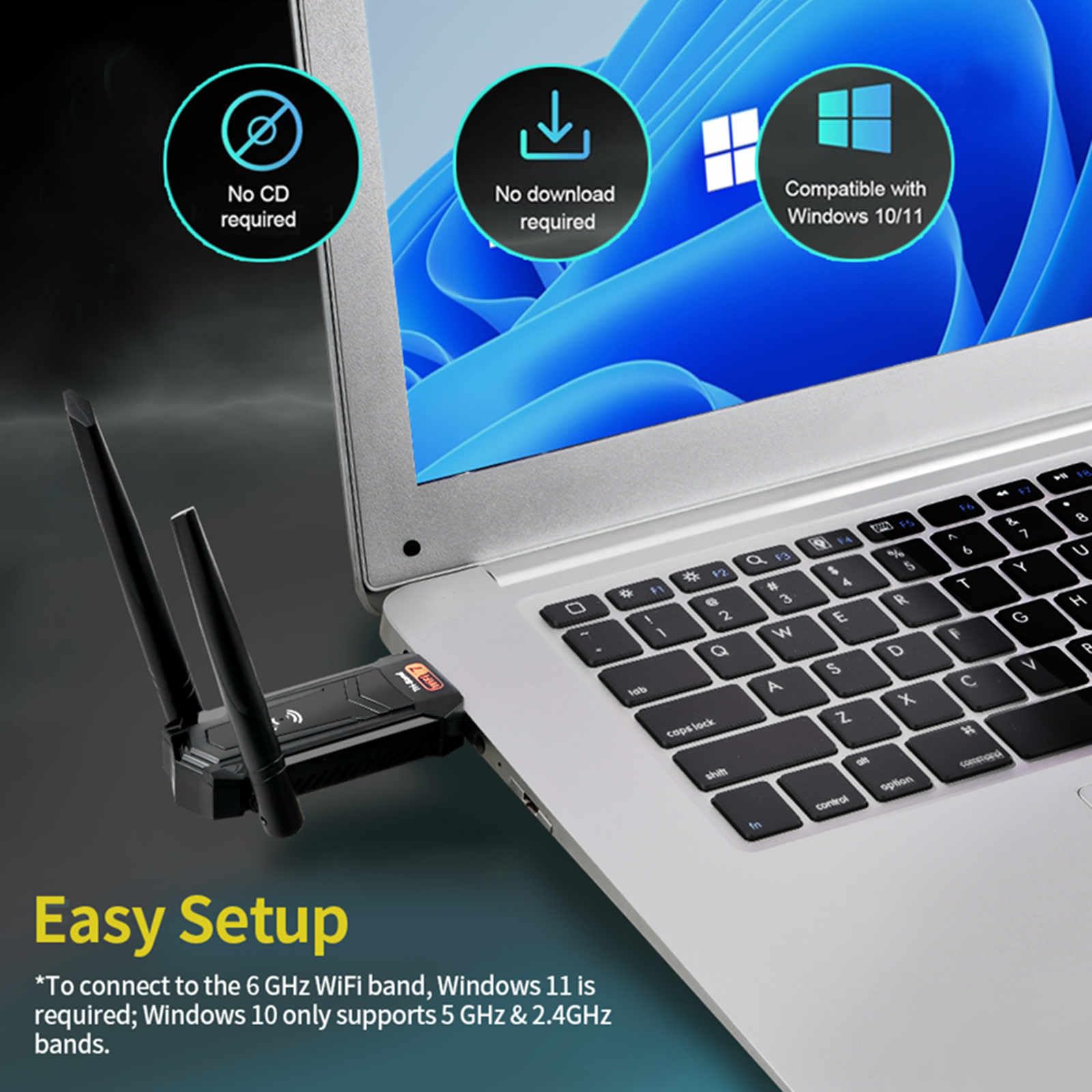Adattatore USB 3.0 USB WiFi per PC Laptop Desktop 2.4G/5G/6G ad alta velocità 6500Mbps USB WiFi7 adattatore Tri-band