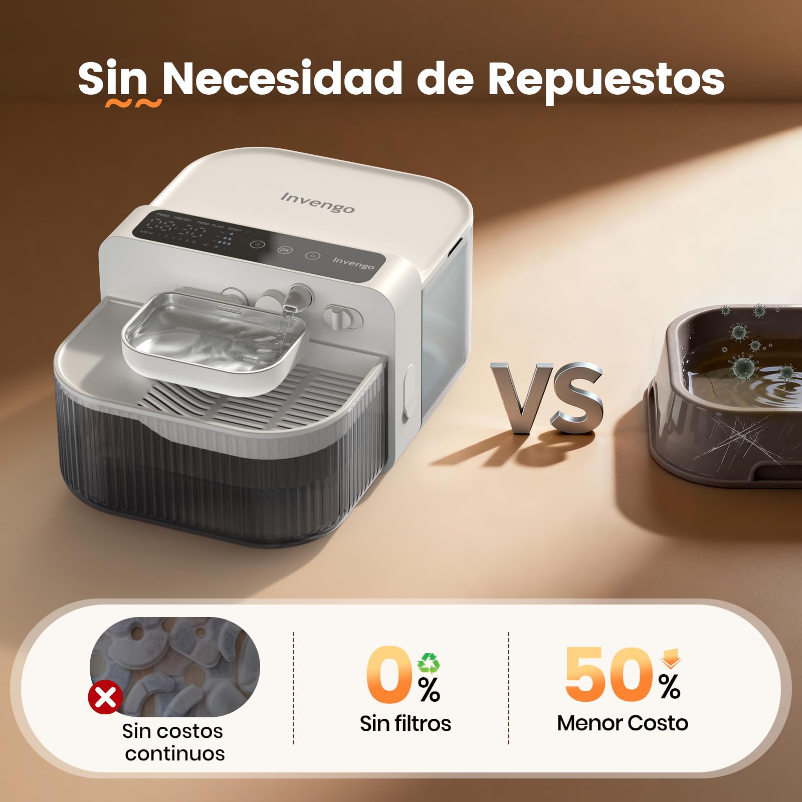 Invengo Fuente para Gatos Sin Cable y Sin Filtro - Batería 3000mAh 180 Días, Separación del Agua Limpia y del Agua Usada, Cuenco de Acero Inoxidable, Bebedero Gatos Sin Cable, 3,5L, Blanco Hueso