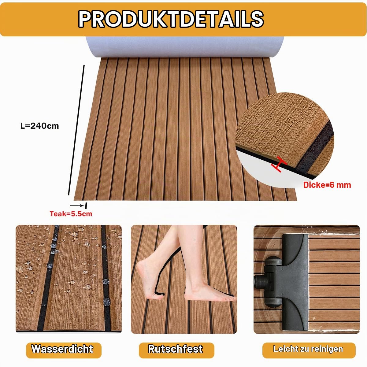Eva Schaum Boot Bodenbelag Marine rutschfeste Matte 240x112/90/55/41cm Selbstklebend Teakholzimitat Deck Teppich für Boote Schiffsdecks Yachtboden Schwimmbad Motorboot Schnellboot Kajak