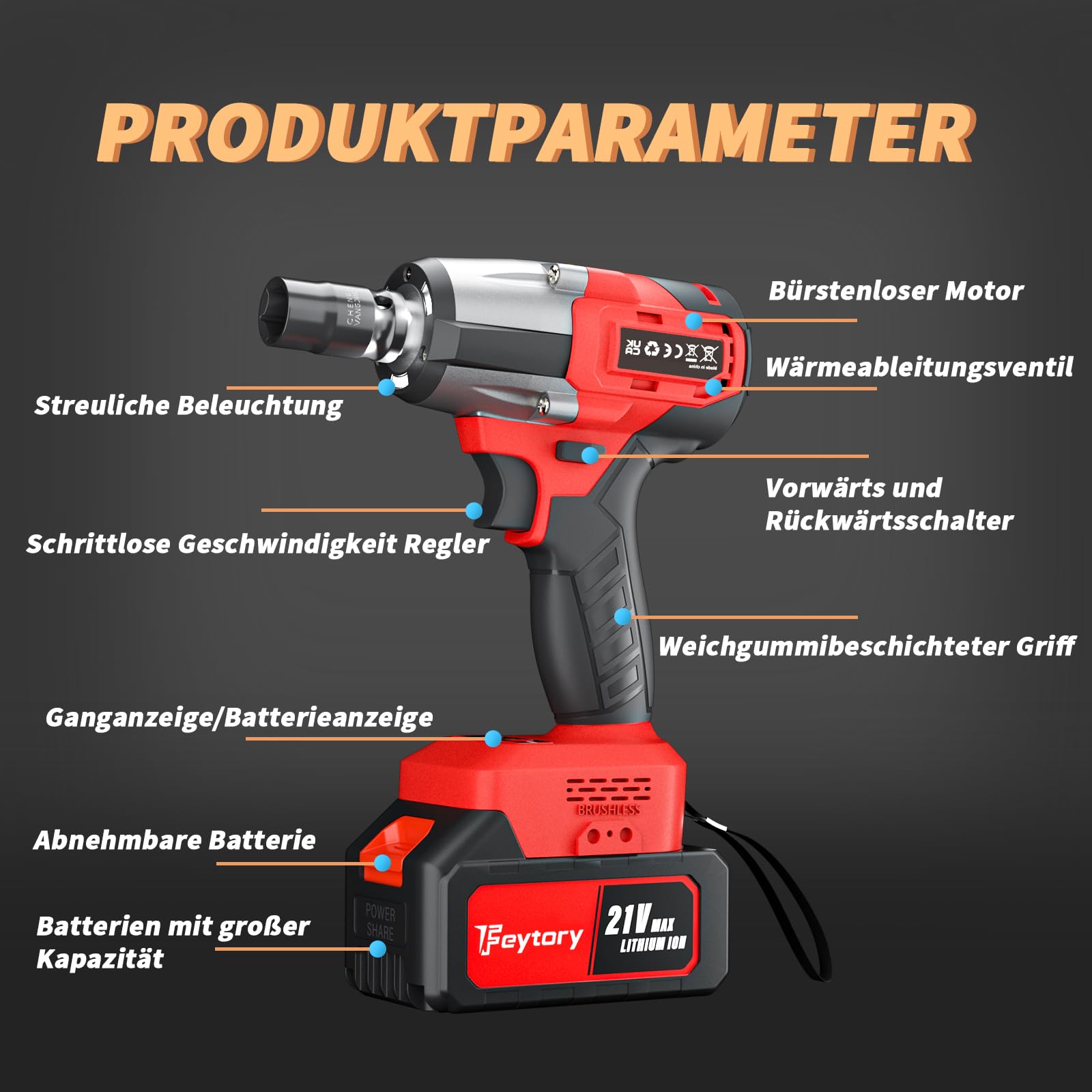 Akumulatorowa wkrętarka udarowa 1/2 pistolet udarowy 450 Nm, wkrętarka udarowa ze średnim momentem obrotowym, bezszczotkowa wkrętarka udarowa o wysokim momencie obrotowym, 4 sztuki końcówek do