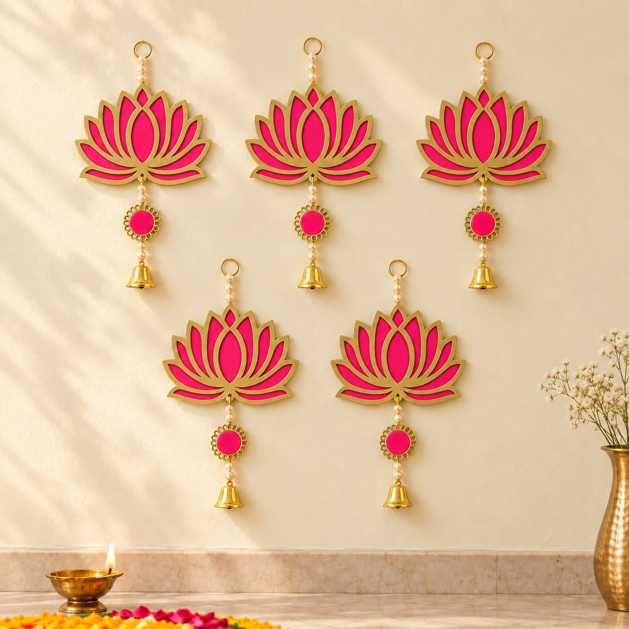Diwali Lotus Decorations - Red & Gold Hanging -16