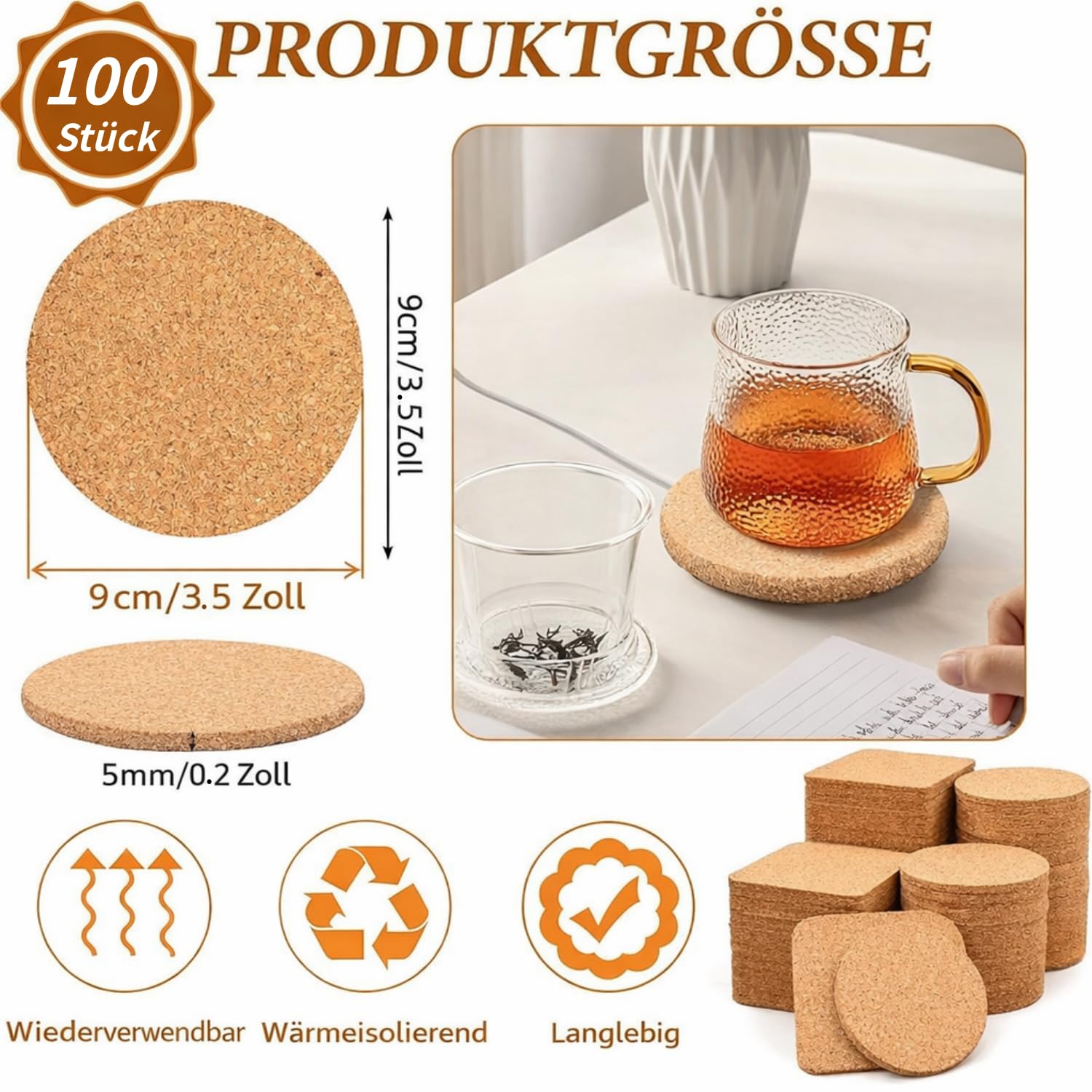 100 posavasos redondos de corcho, posavasos de corcho reutilizables de 9 cm, posavasos de corcho de cristal adecuados para casa, oficina, bar, restaurante