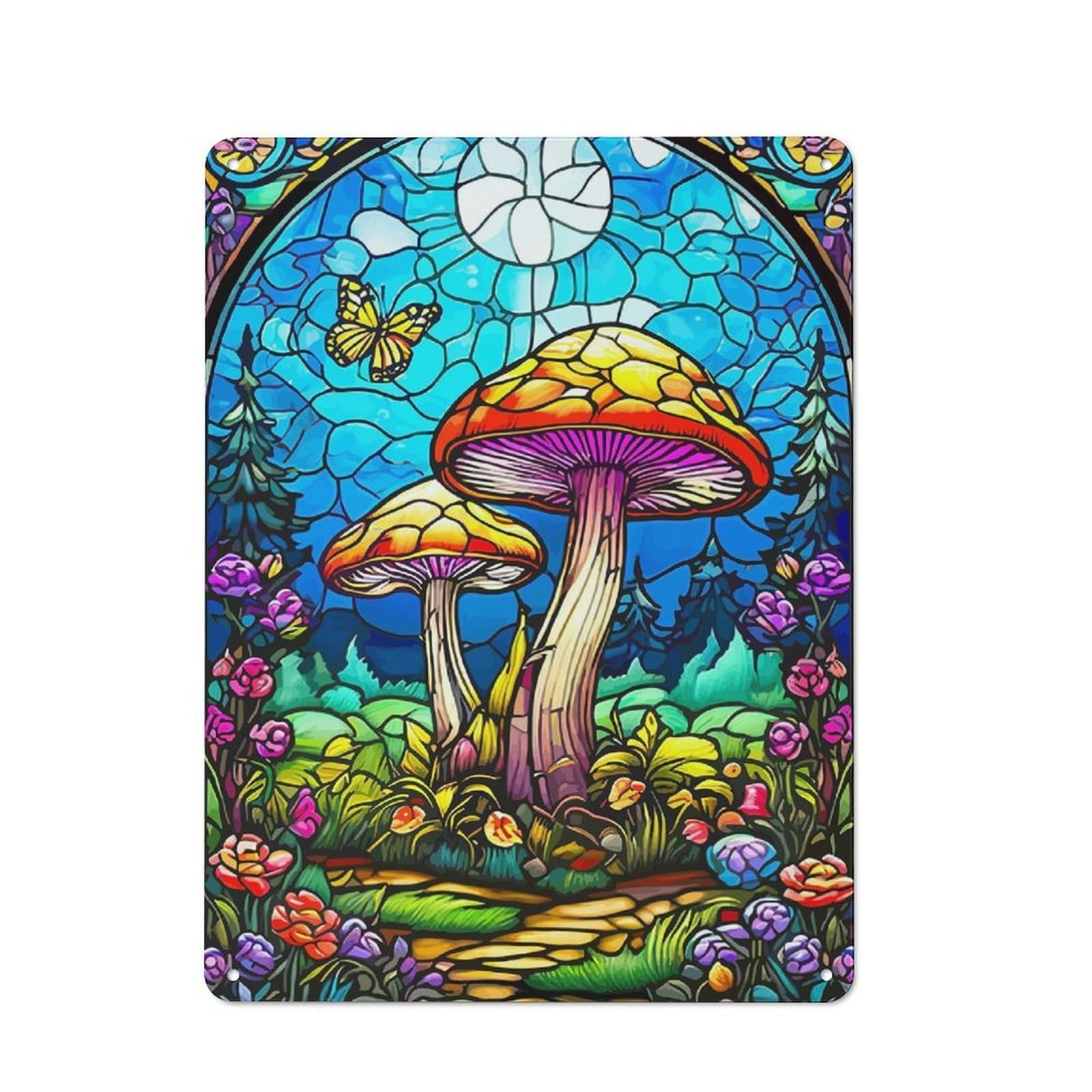 Junmoney Stained Glass Mushrooms Metal Wall Sign 40X30cm Featuring For Living Room Wall, For Decorating Living Rooms And Feature Walls