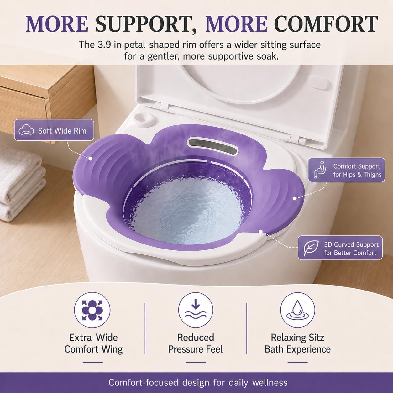 Electric Sitz Bath for Toilet Seat, 3W Pump Sitz Bath Basin with Gentle Water Jet, Extra-Wide Comfort Rim, Foldable Soaking Tub for Postpartum, Hemorrhoid and Perineal Care（Purple）