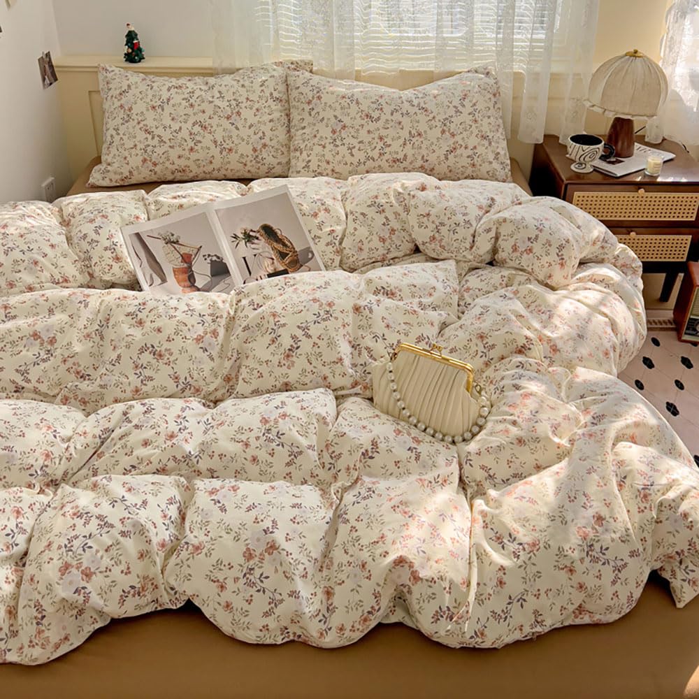 Covebett Duvet Cover Sets King Beige Brown Floral Flowers Leaves Print Microfibre Bedding Set 3pcs Botanical Aesthetic Teen Girls Quilt Cover 220x230 with Zipper Closure and 2 Pillowcase 50x75 cm