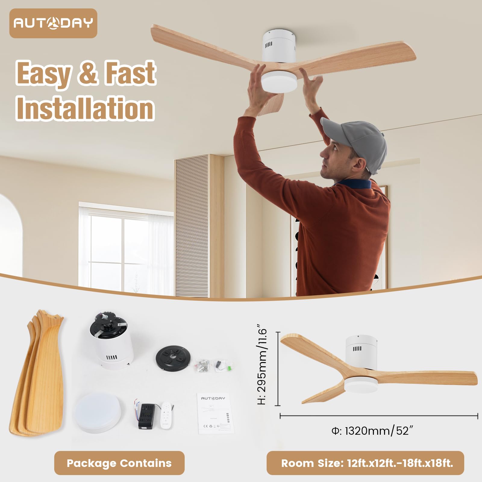 Holz Deckenventilator mit LED Beleuchtung 24W DC-Motor 132 cm Fernbedienung Timer