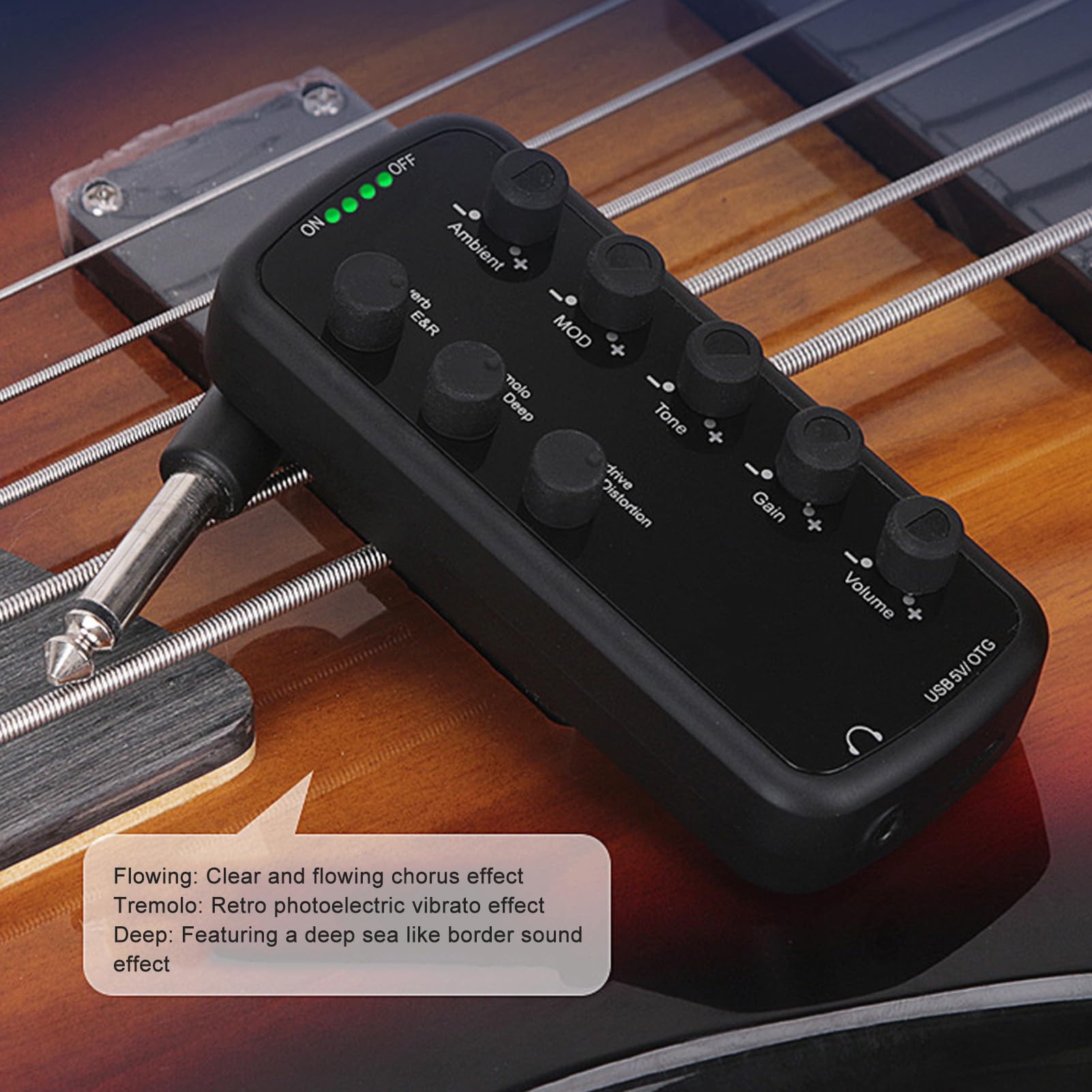 Amplificador de Auriculares para Guitarra Eléctrica Recargable con Distorsión de Sobrecarga, Retardo de Timbre, Efecto de Reverberación, Coro y Trémolo USB