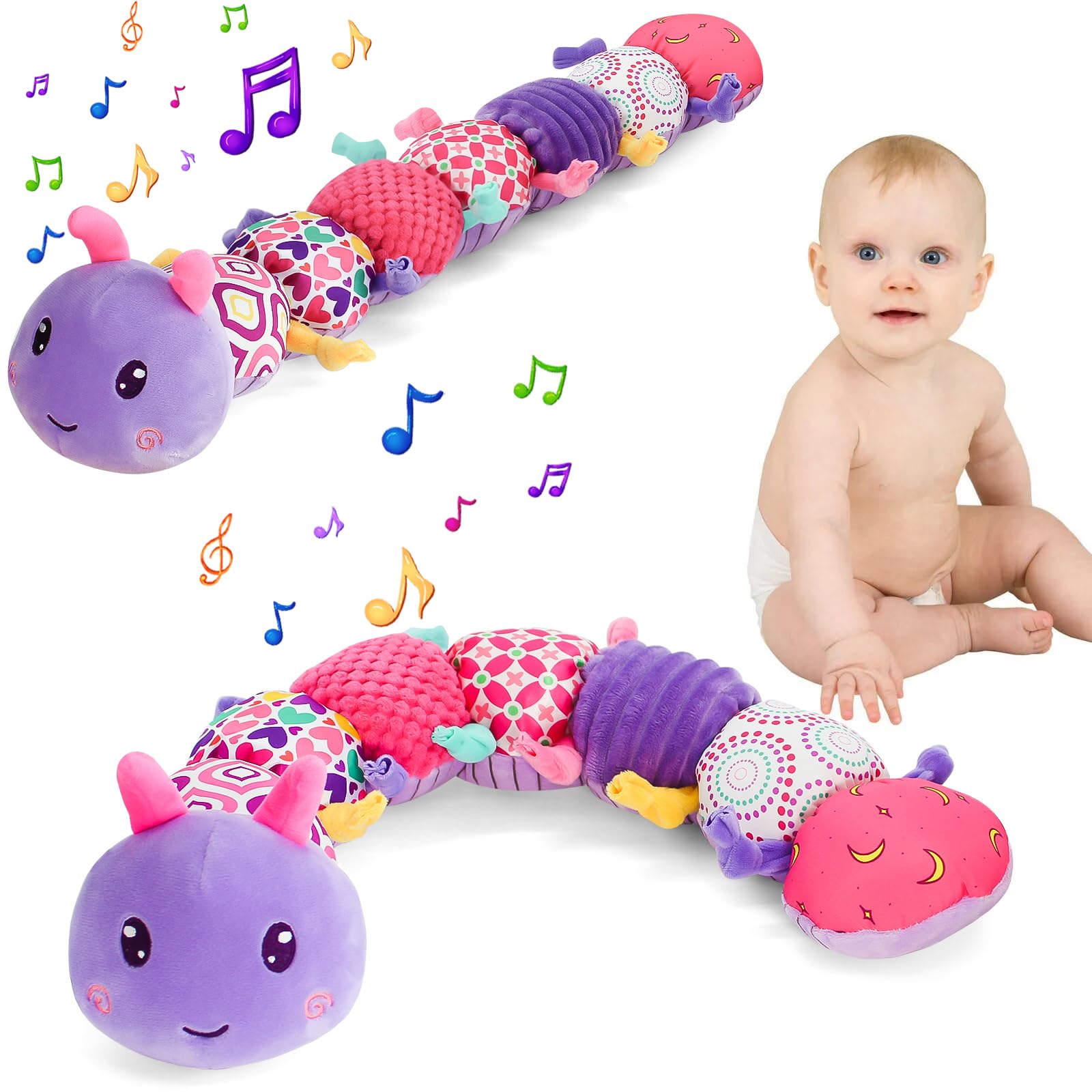 WISHTIME Interactive Musical Toy for Sensory StimulationAuditoryEnhances Development in InfantsBaby Toys 0-6 Months, 6-12 Months Baby Gifts, Montessori Toys, Purple Caterpillar