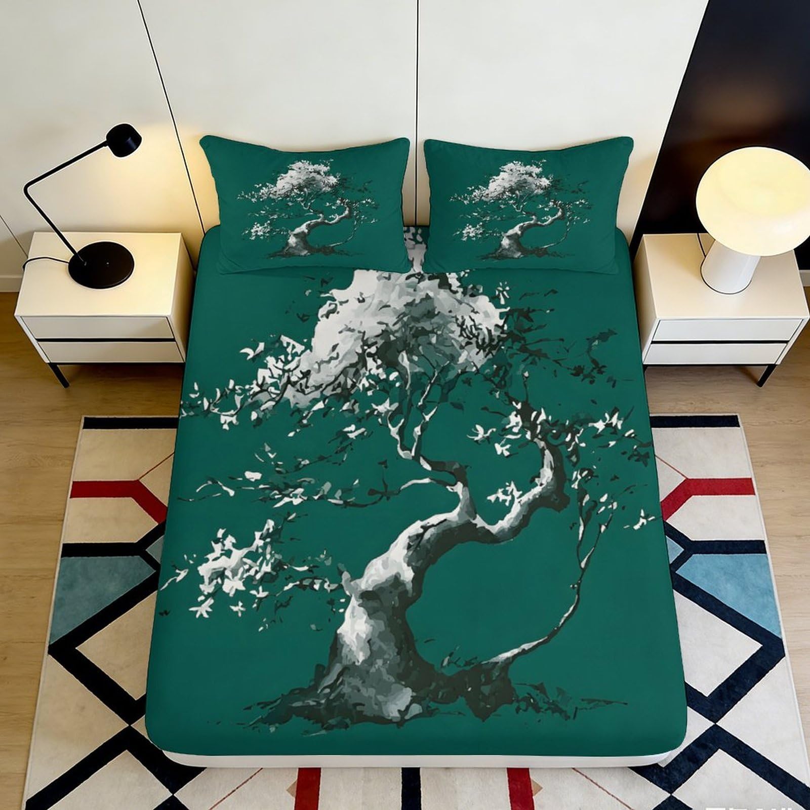 Kjhgrfrdk Style-9 3D Printed Plum Blossom Fitted Sheet Microfiber Deep Pocket Non-Slip Elastic Hem Bedroom Bedding Plum Blossom Mattress Fitted Cover Washable Full Mattress Protection 200X200x25cm