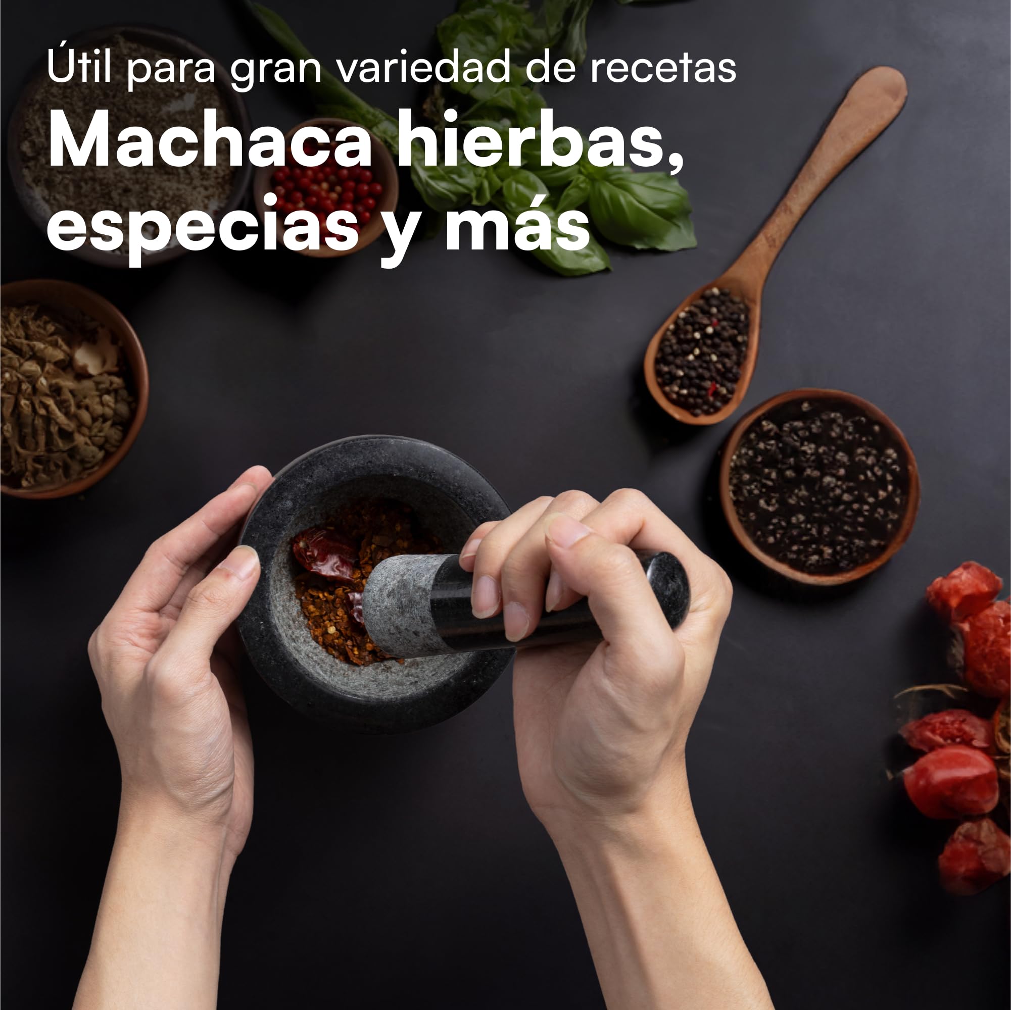 H&S Set de Mortero - Mortero Cocina de Piedra Maciza de Granito Negro para Machacar y Triturar Especias - Set Molcajete Grande de Cocina para Moler - Mortero Piedra Negra
