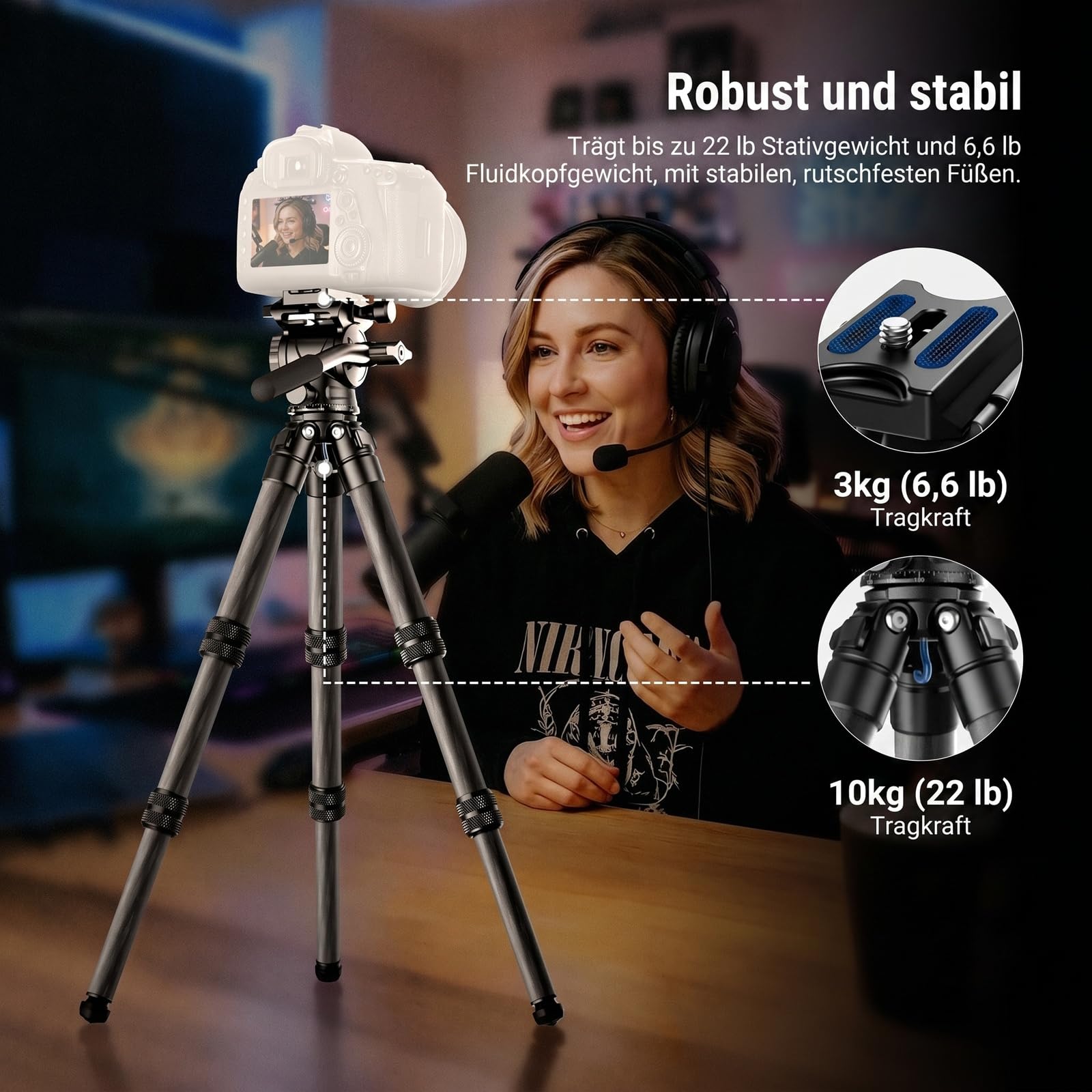 Neewer Carbonfaser Tisch Kamera Mini Stativ tragbares Tischstativ Reisestativ für unterwegs mit Fluidkopf Schnellwechselplatte für TikTok DSLR und Action Cam Video Streaming – Bild 3