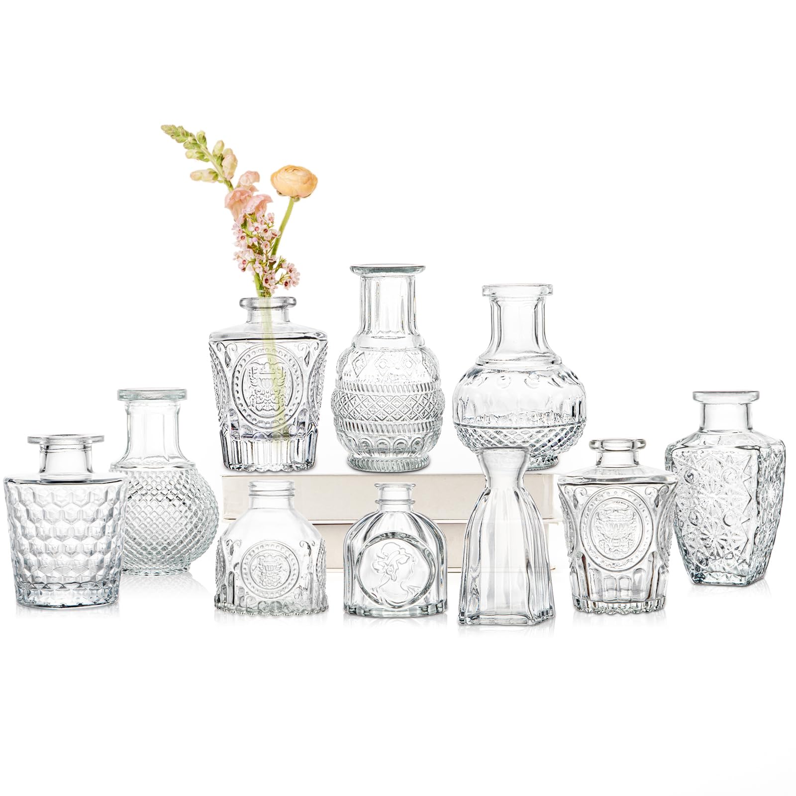 Oairse Glass Bud Vase Set of 10 Clear Mini Vintage Bottles for Floral Arrangements, Decorative Embossed Small Vases for Wedding Centerpieces, Table Decoration, Party, Home Room Decor