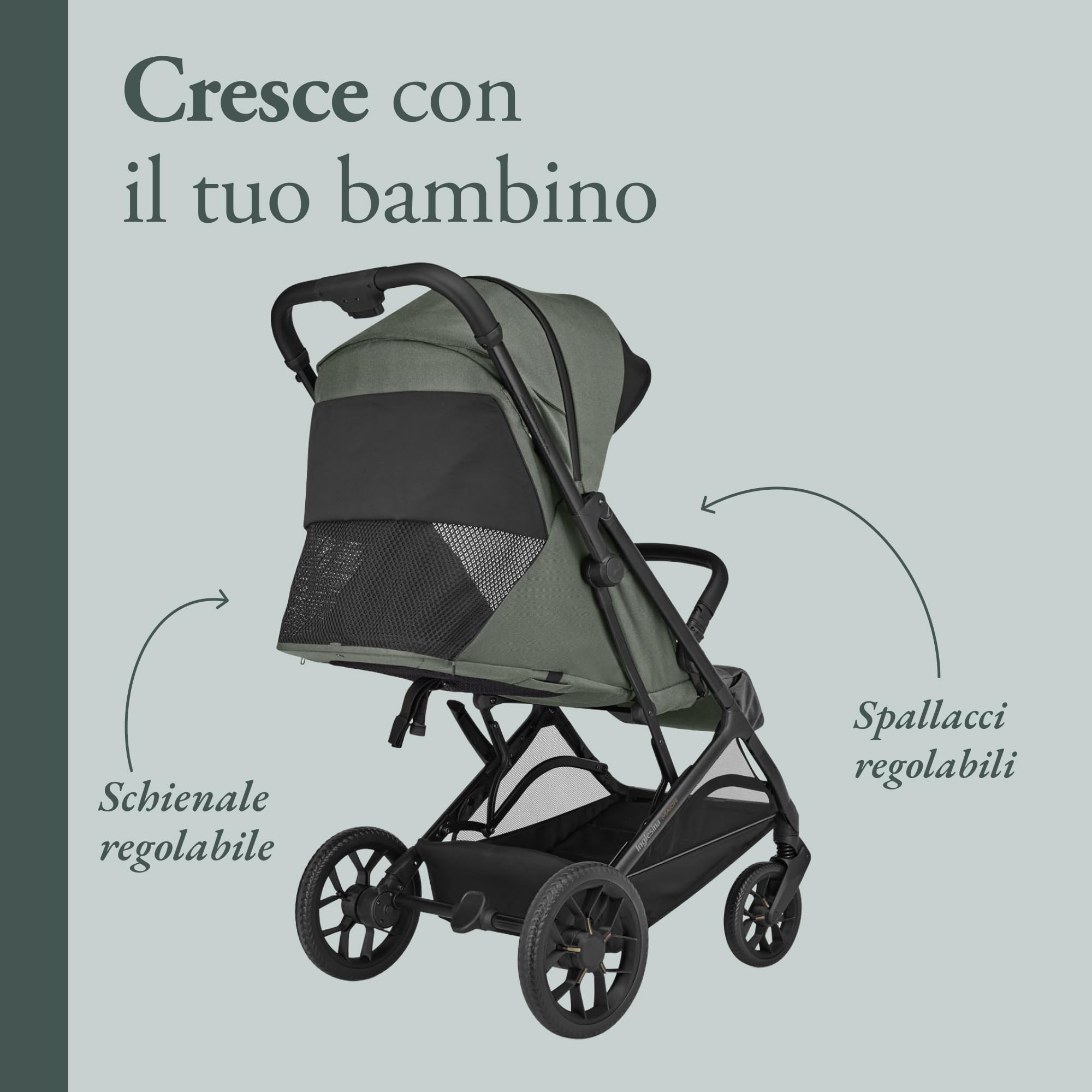 Inglesina Maior Passeggino Compatto 7,9 kg, Ruote Grandi Ammortizzate, Seduta Ampia All Season, UPF 50+, fino a 22 kg, Taiga Green