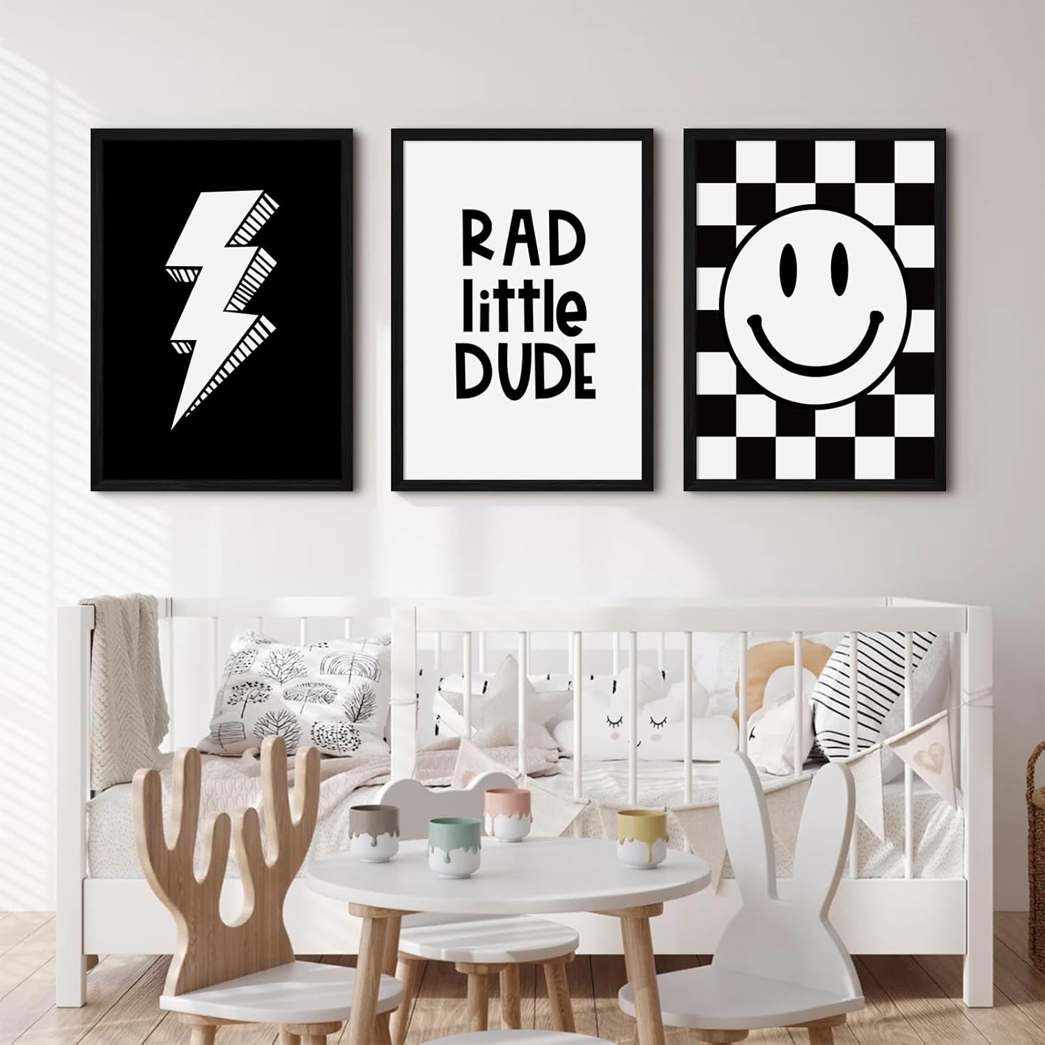 Boys Room Wall Art Decor Toddler Nursery Canvas Wall Art Baby Kids Wall Decor Black Checkered Smiley Poster Pictures Retro Playroom Rad Little Dud Art Prints for Bedroom 12x16x3 Inch Wood Framed