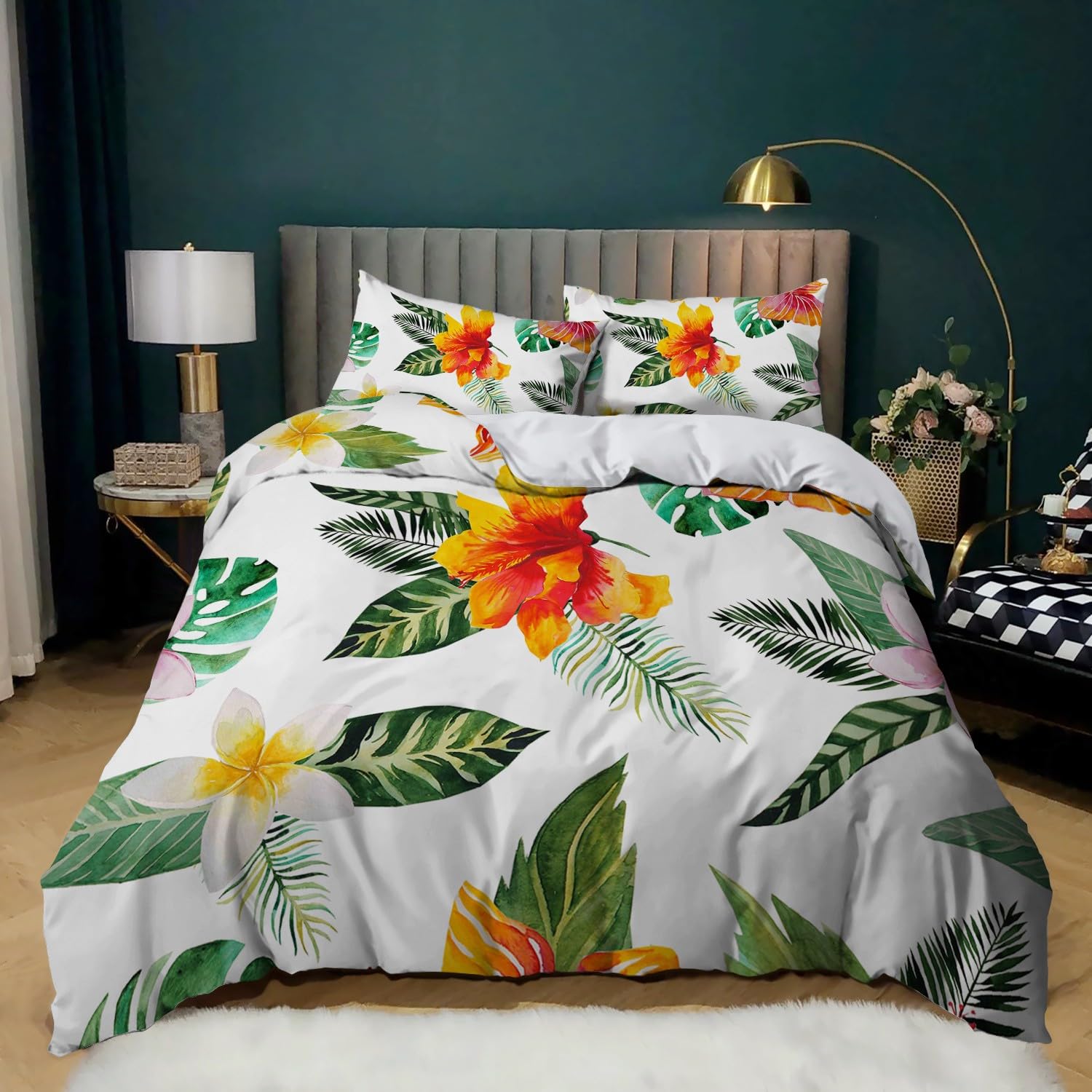 Housse de couette 240x260 cm microfibre imprimé fleurs avec 2 taies