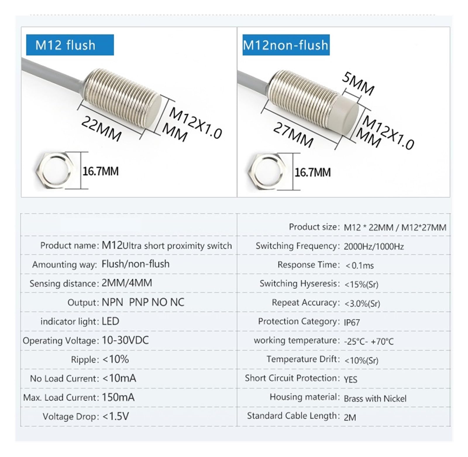 M8 Kleiner M12 NPN PNP Induktiver Sensor Induktiver Schalter M8 Induktiver Näherungssensor(D6.5 Flush PNP NO-Sn:2mm)