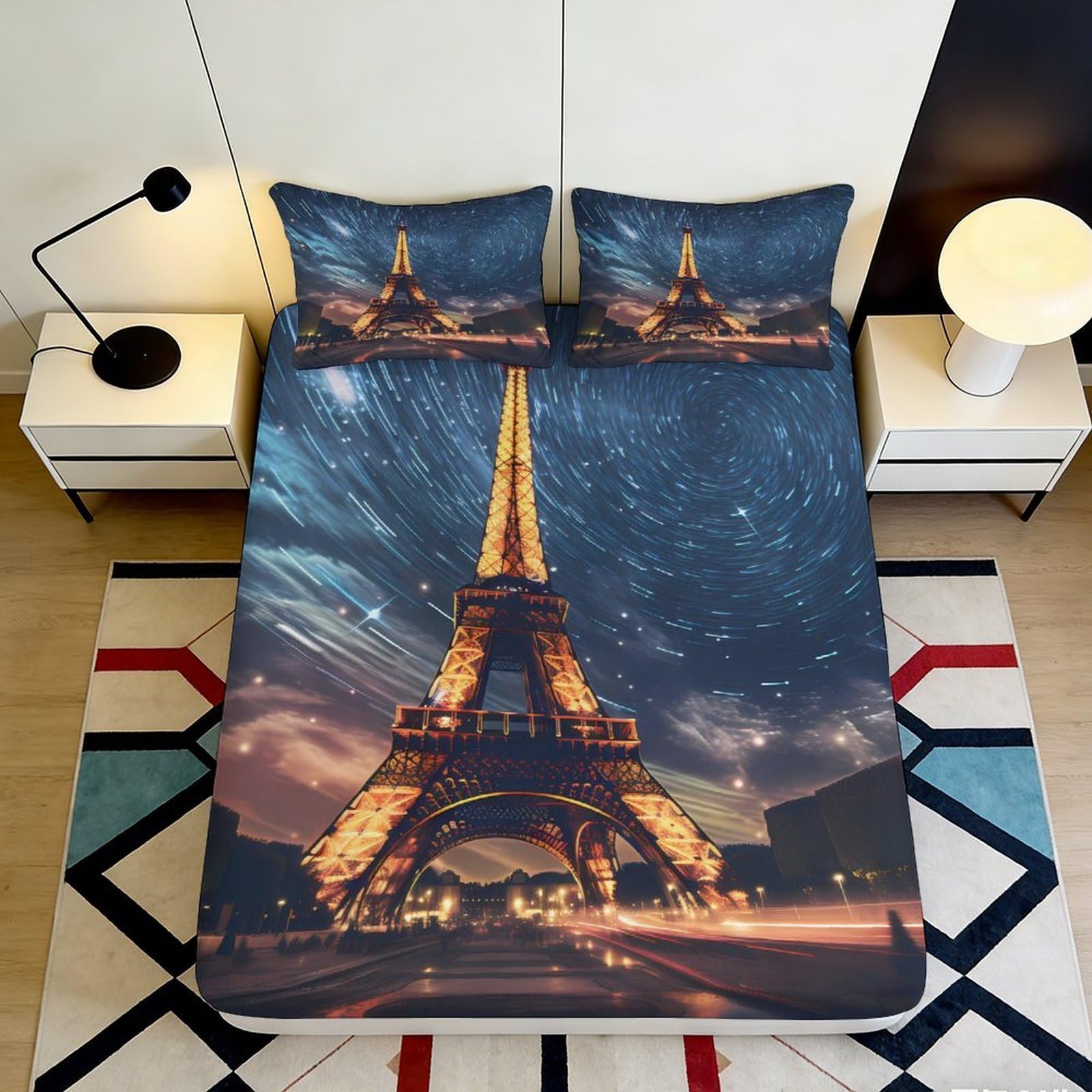 3D Printed Eiffel Tower Starry Fitted Sheet Microfiber Soft Breathable Night Sky Bed Cover for Bedroom Guest Room Decor 90x200x25cm