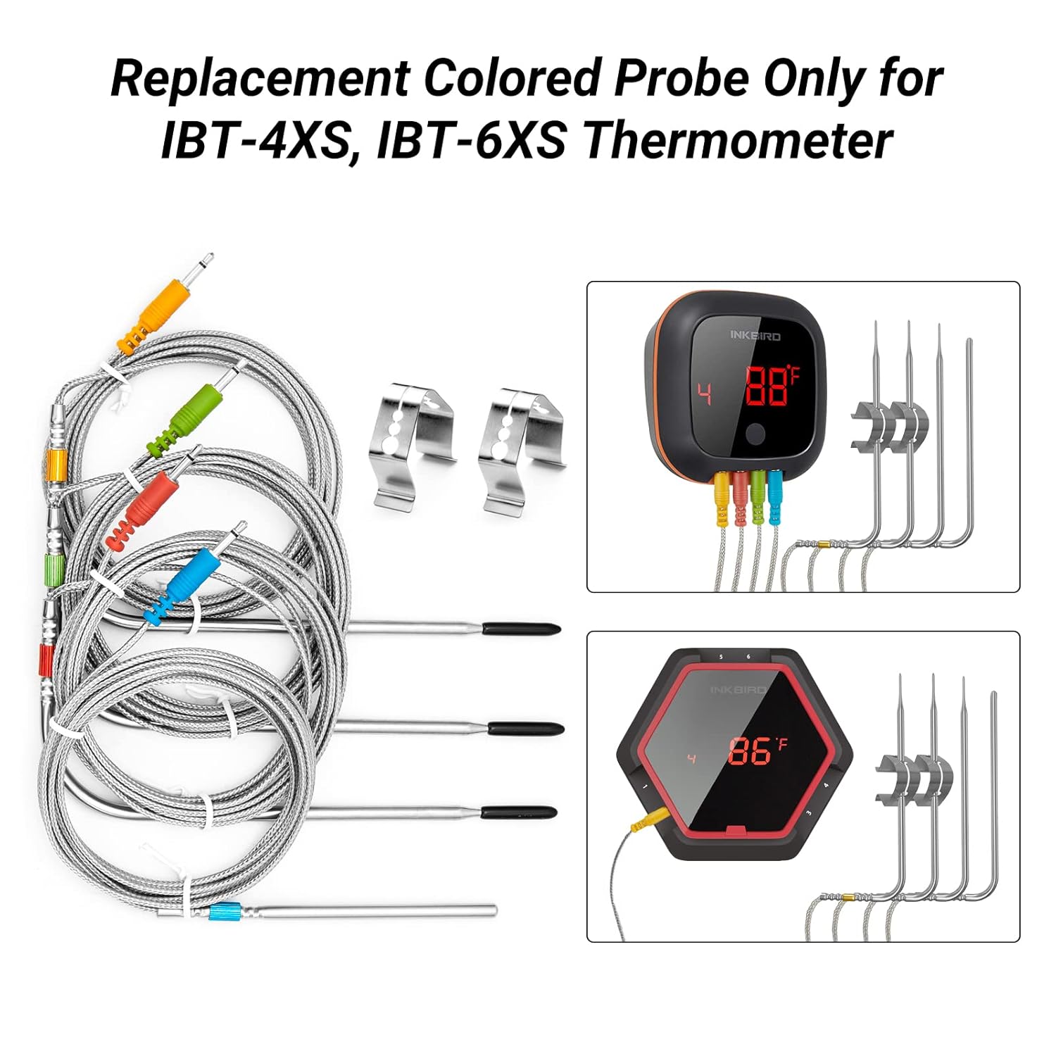 Diagram showing how to connect Inkbird replacement probes to IBT-4XS and IBT-6XS thermometers.