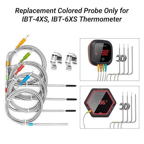 Miniatura 2 de INKBIRD Termómetro para barbacoa IBT-4XS e IBT-6XS sonda de color de repuesto, 59 pulgadas, 4 unidades, solo compatible con teremómetro IBT-4XS,