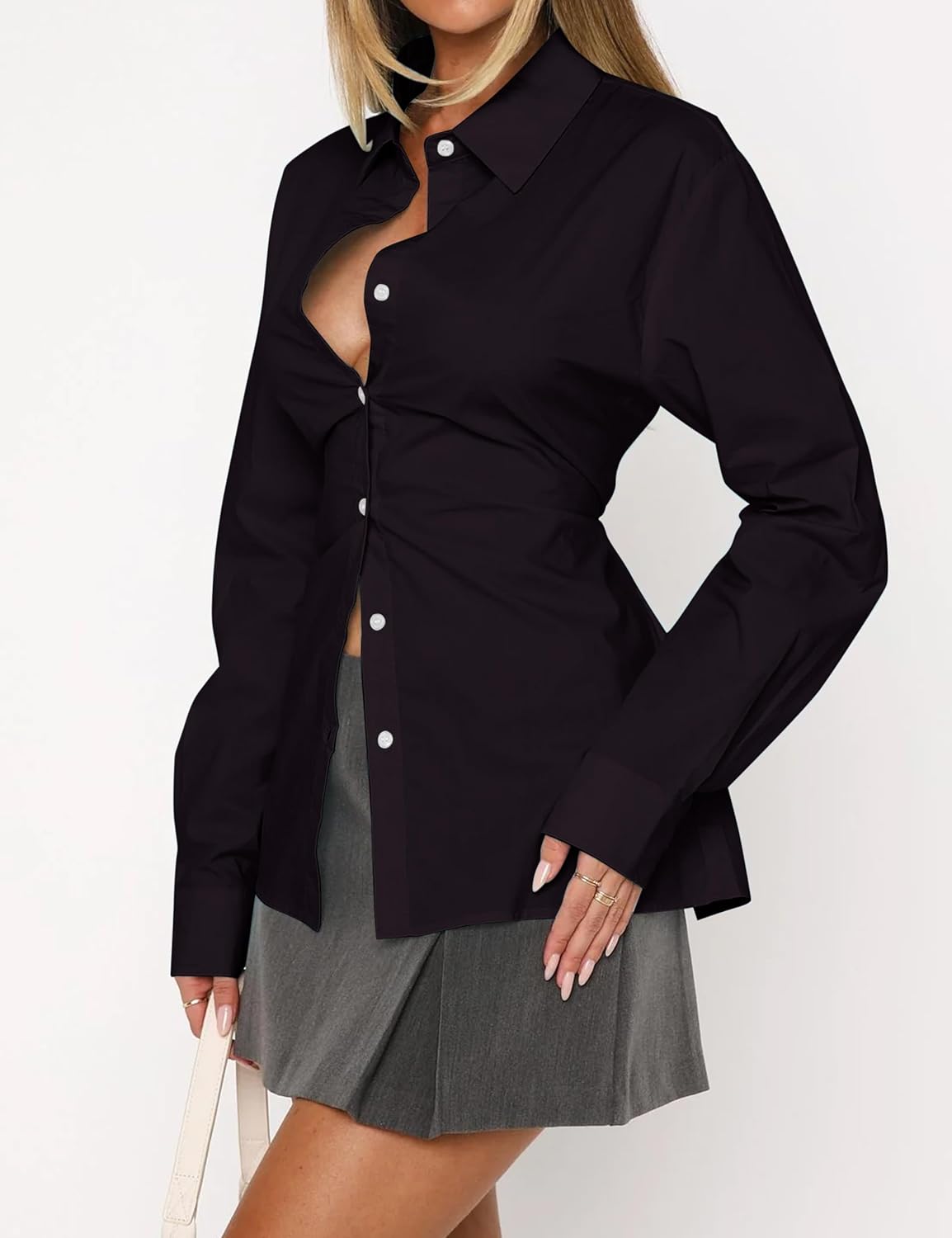 MISSACTIVER Women's Lapel Collar Button Down Shirt Cinch Waist Long Sleeve Casual Work Dressy Tunics Blouse Corset Tops - Image 2