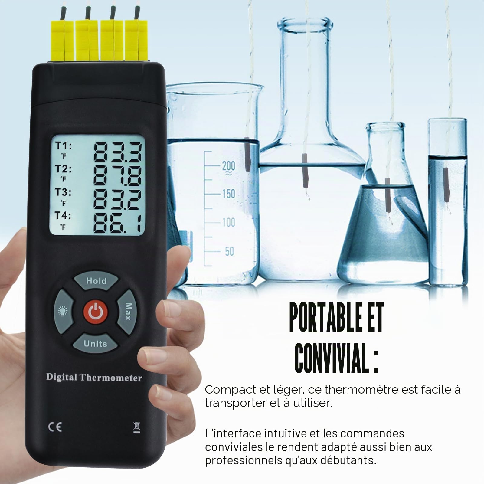 Thermomètre De Type K,Thermomètre Numérique Testeur De Capteur Thermocouple De Type K Avec Thermomètre À 4 Canaux Avec Rétroéclairage LCD