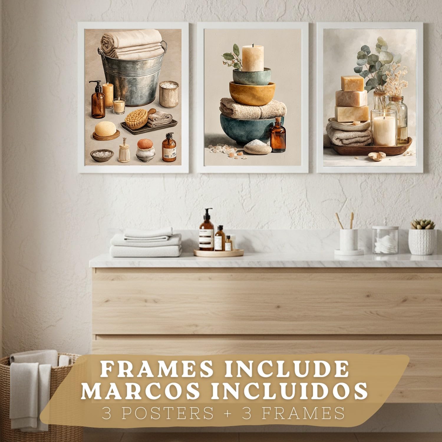 Nacnic Set Di 3 Stampe Decorative Per Bagno Poster E Quadri Da Parete Per Lavabo Doccia Wc E Toilette Con Candele Saponi E Asciugamani Stile Naturale Moderno A3 Cornice Bianca