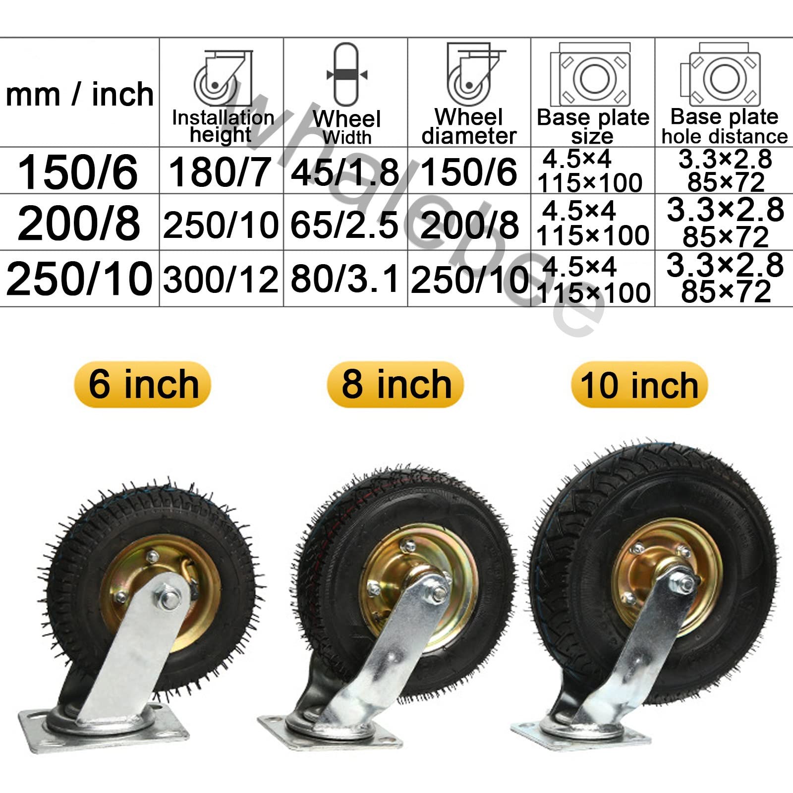 Industrierollen 2 Stück Rollen Ø 150mm 200mm 250mm Luftreifen 5mm Metallplatten Lenkrollen Bockrollen Schwerlast Räder, Rollen Gummi Für Plattformwagen Mit Schrauben, Geräuscharme Rollen ( Color : Swi