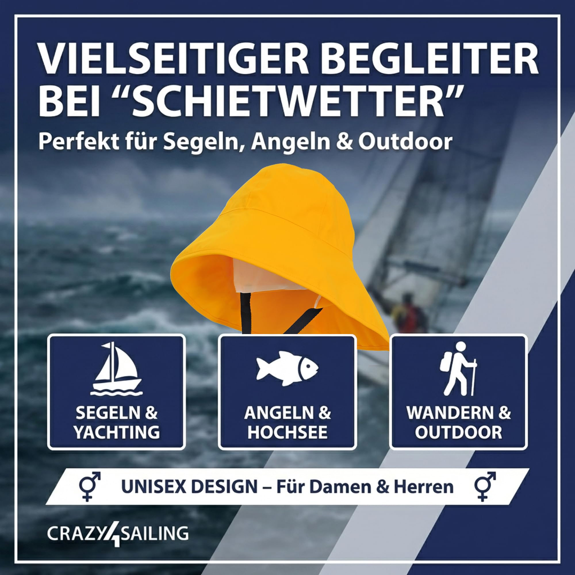 crazy4sailing Südwester Storm - Sombrero de lluvia para hombre y mujer, impermeable, con forro y correa para la barbilla, gorro de lluvia clásico para vela, pesca y exterior, resistente al viento y
